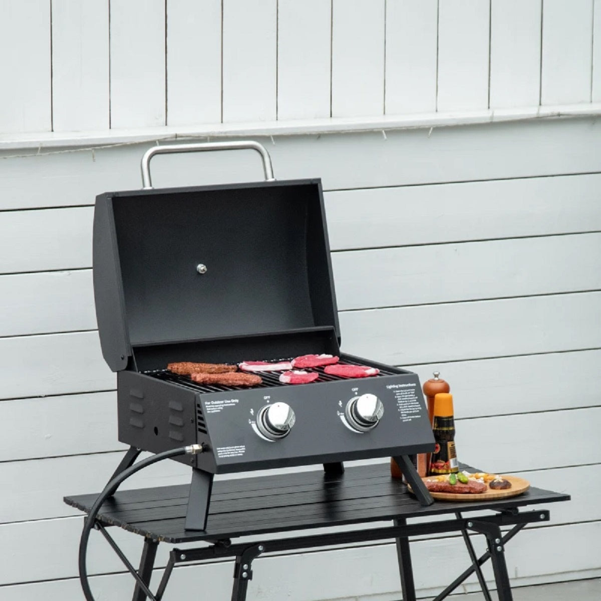 Bärbar gasgrill i rostfritt stål med 2 brännare, svart
