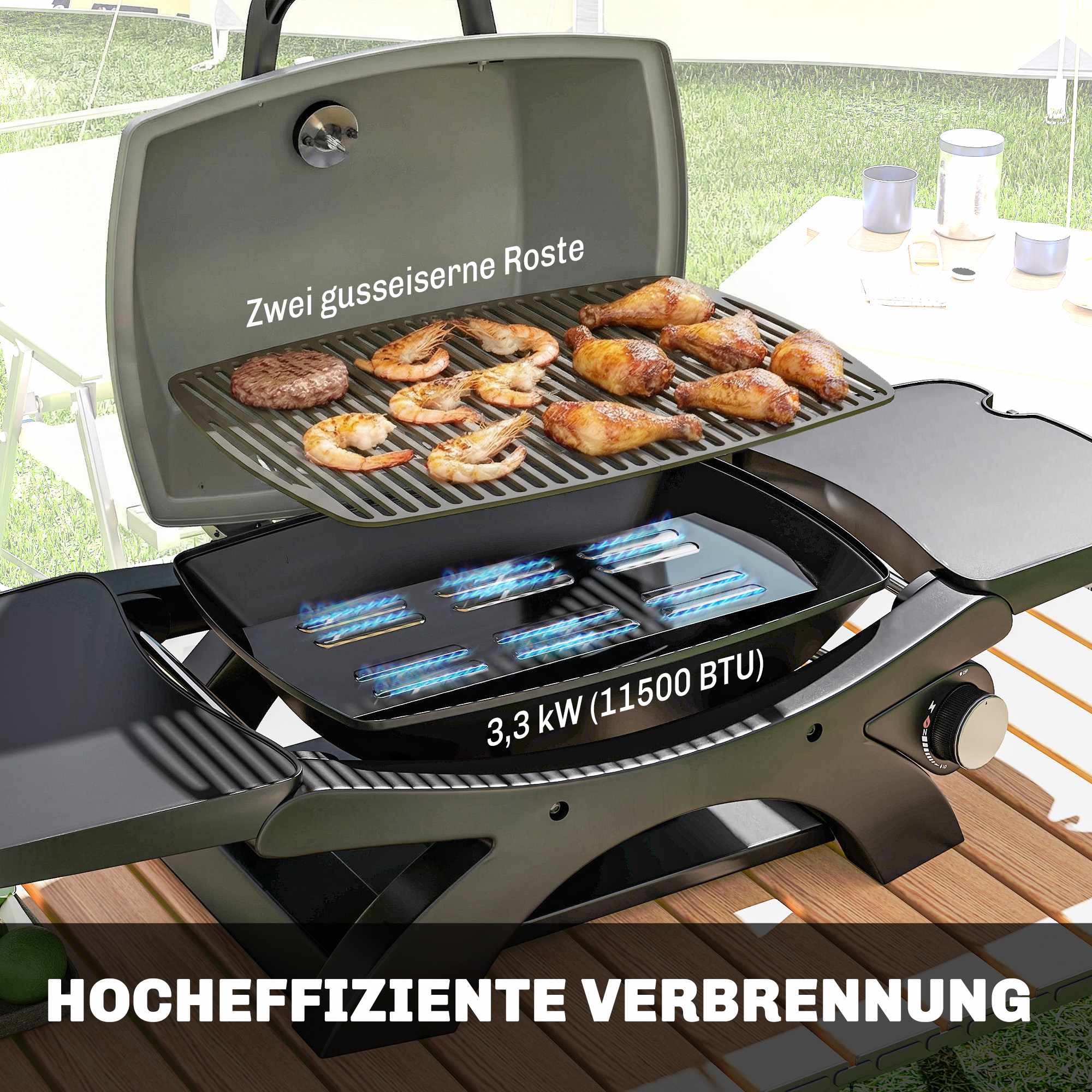 Bärbar gasgrill med 3,3 kW brännare och sidobord
