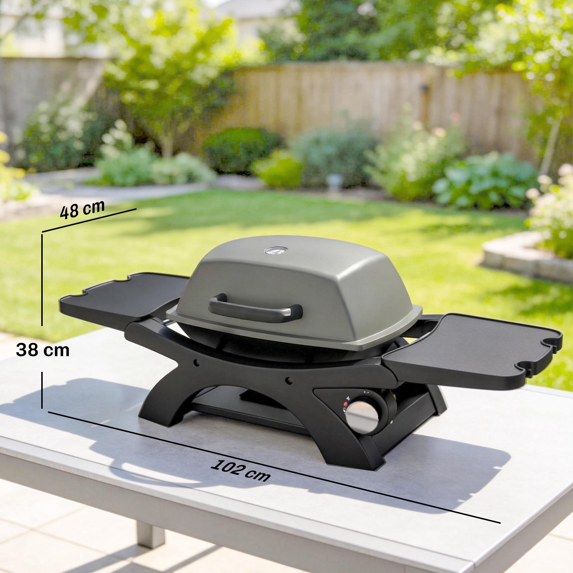 Bärbar gasgrill med 3,3 kW brännare och sidobord