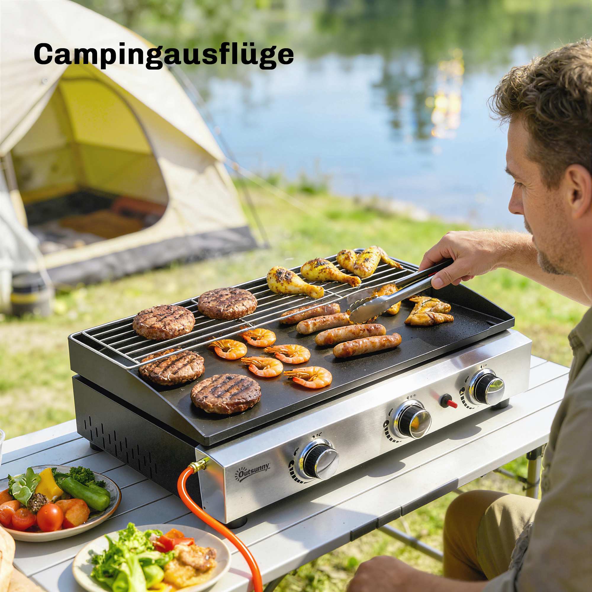 Bärbar gasgrill med 3 brännare och keramisk beläggning