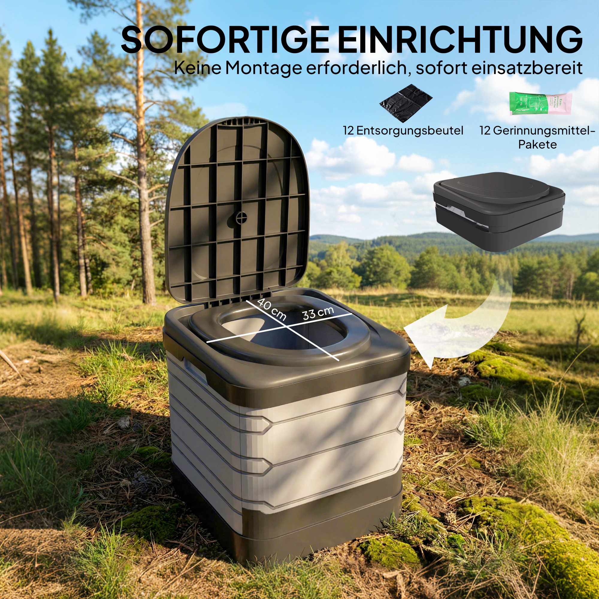 Bärbar hopfällbar campingtoalett med 12 påsar, 150 kg kapacitet