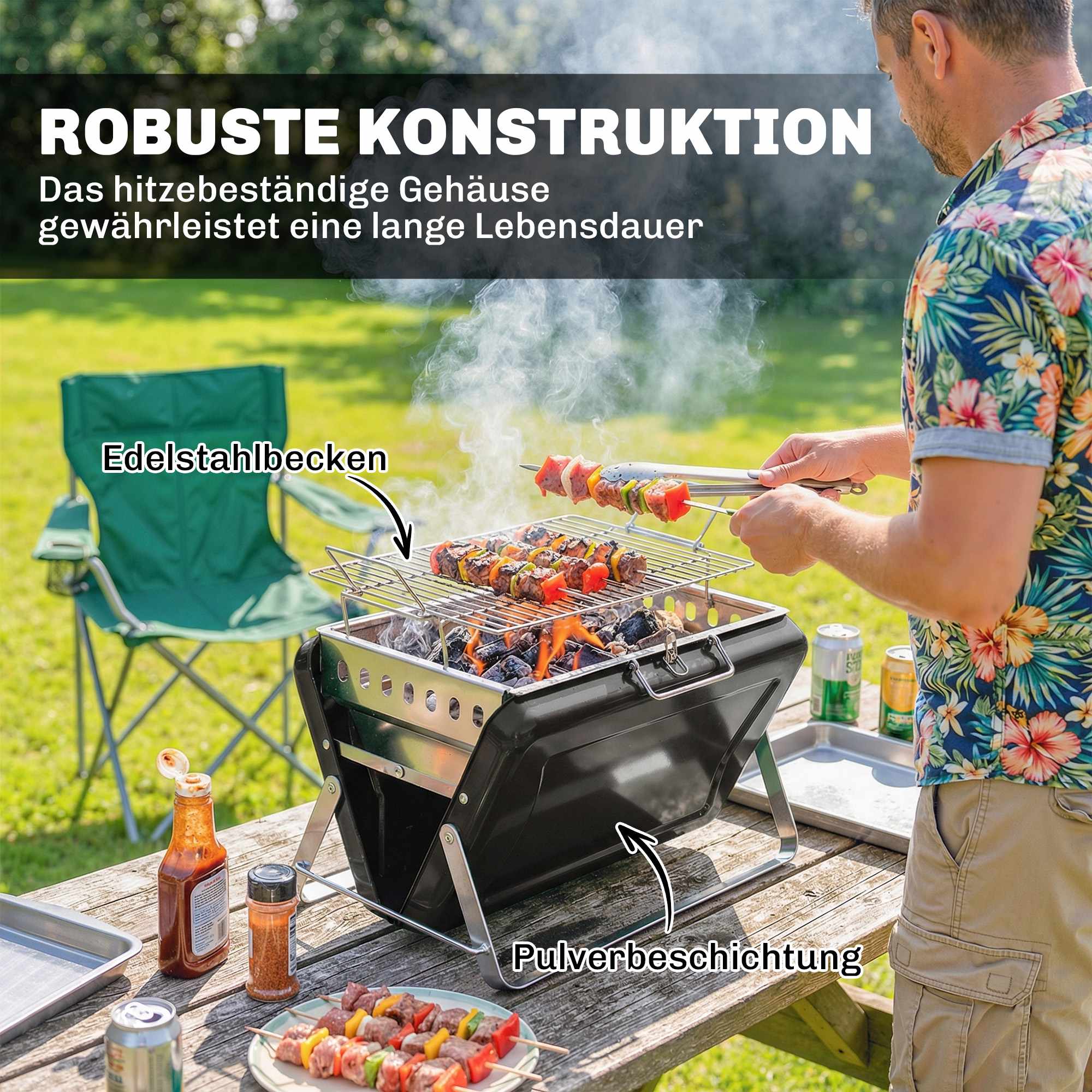 Bärbar kolgrill i rostfritt stål, fällbara ben, 40x28x25,5 cm