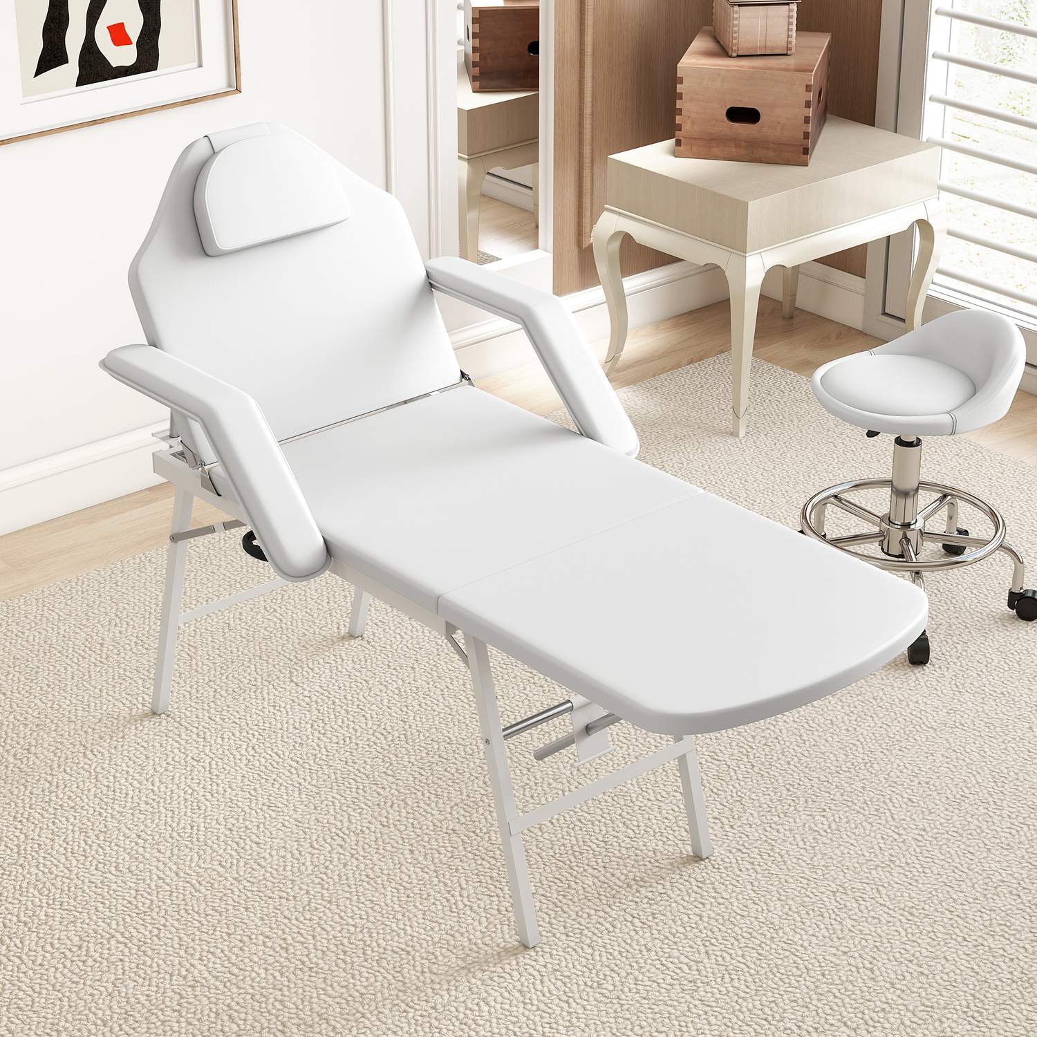 Bärbart massagebänk, justerbart rygg- och benstöd, vitt