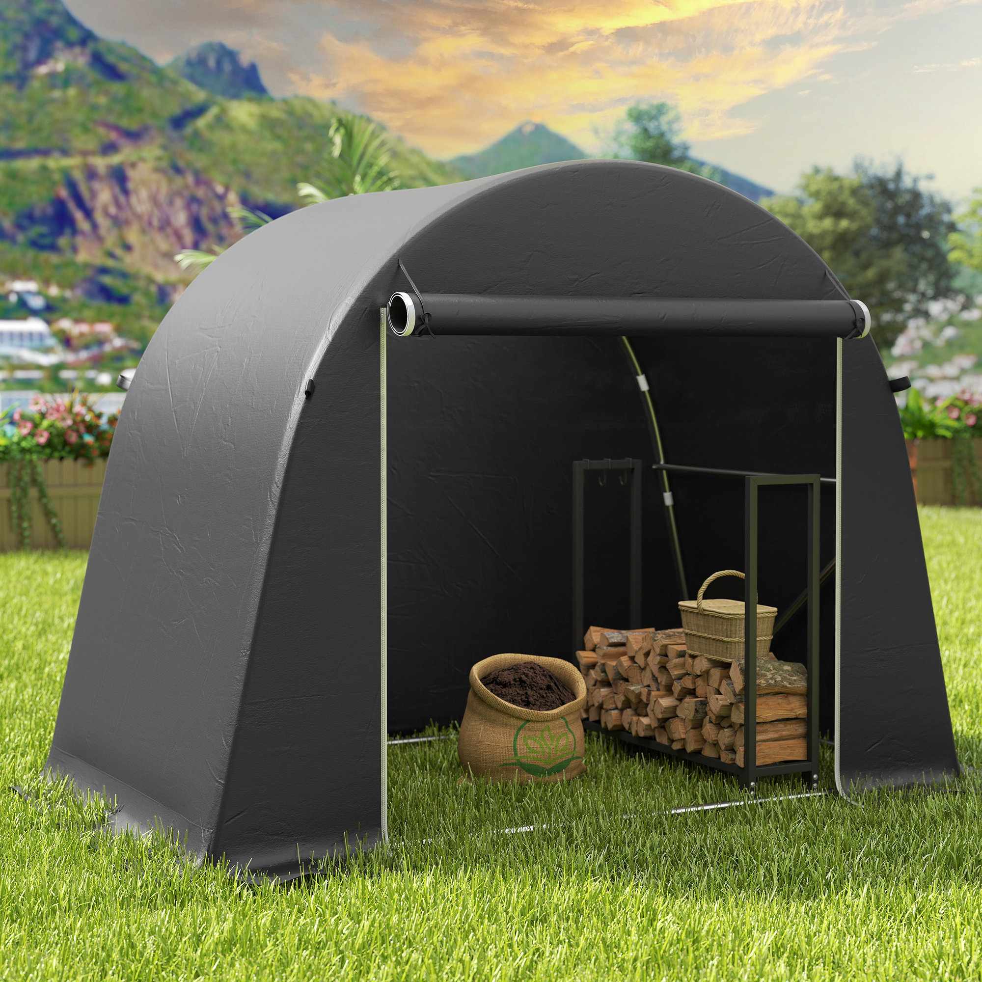 Bärbar trädgårdsbod med dragkedja, metallram, mörkgrå