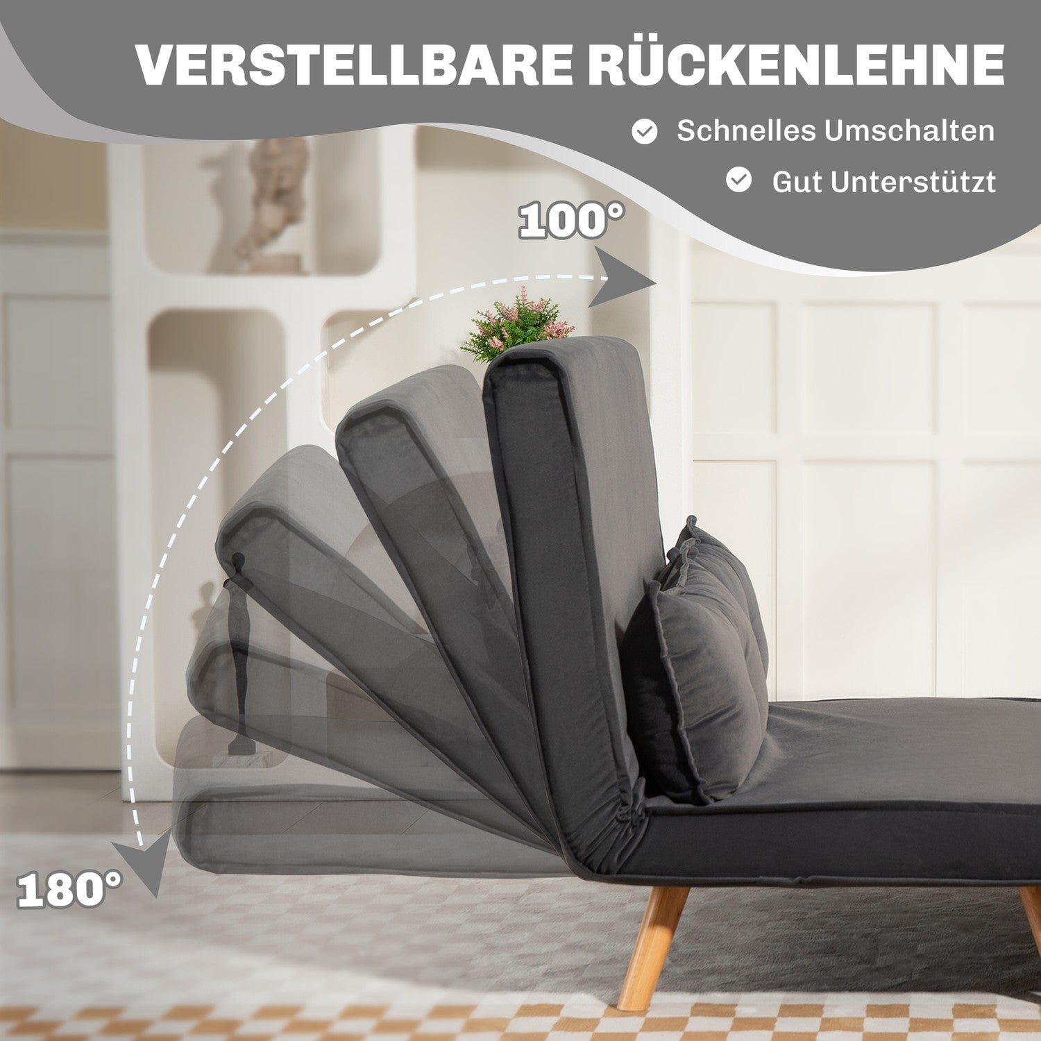 Cabriolet 2-sits bäddsoffa, justerbart ryggstöd, grått tyg