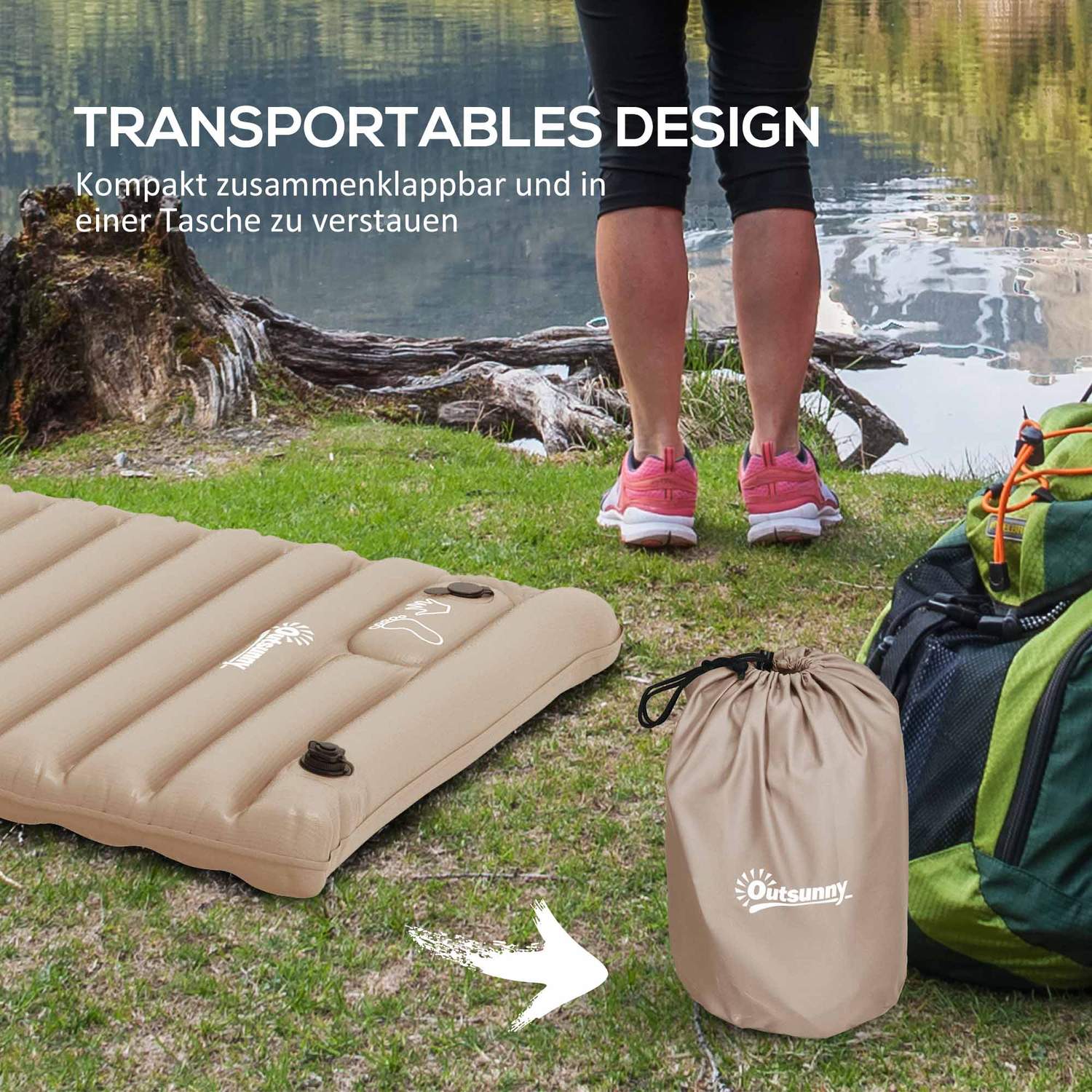 Campingluftmadrass Med Fotpump, Vattenavvisande, Khaki