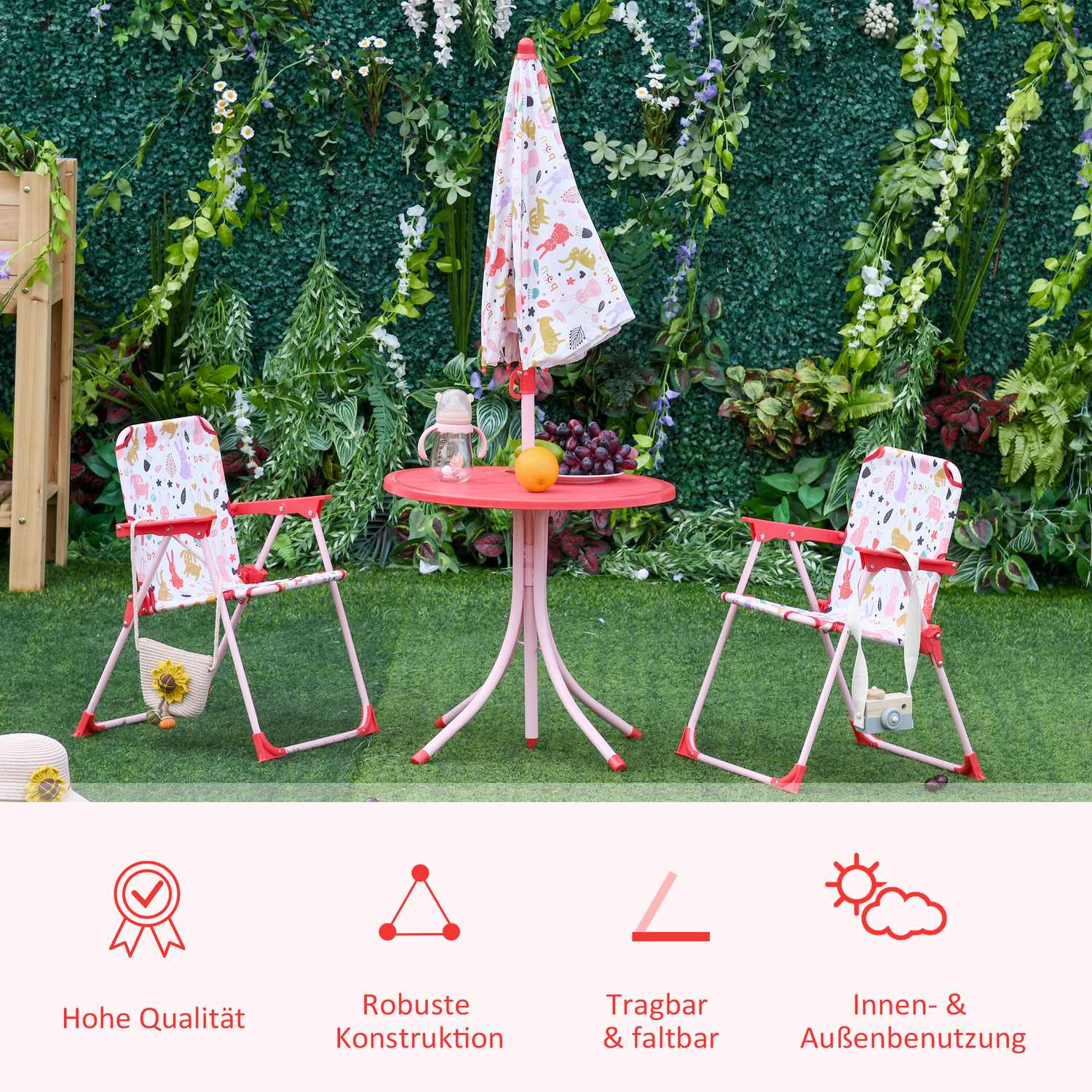 Campingset för barn: bord, 2 hopfällbara stolar och parasoll