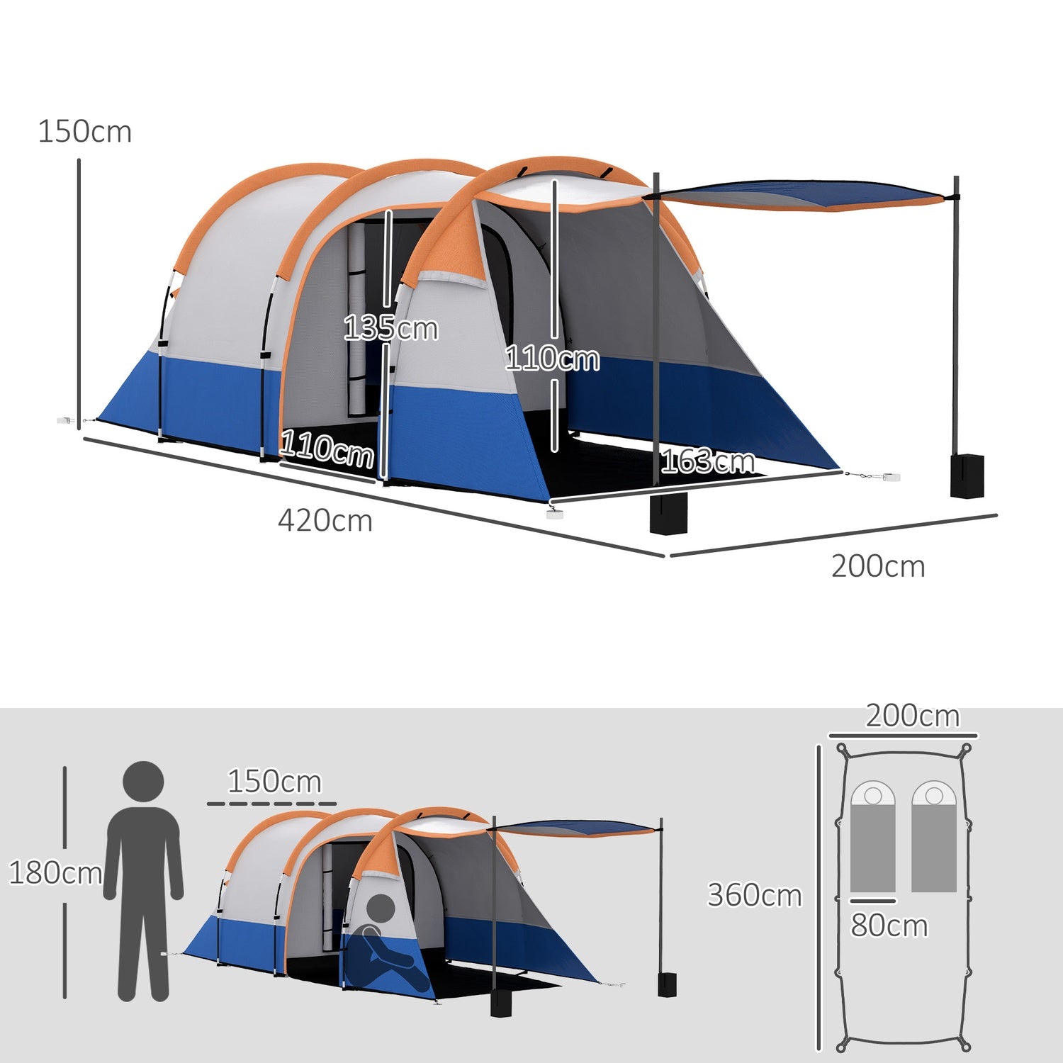 Kempingový stan pro 3 osoby, 2 místnosti, odolný proti větru, vodoodpudivý do 2000 mm