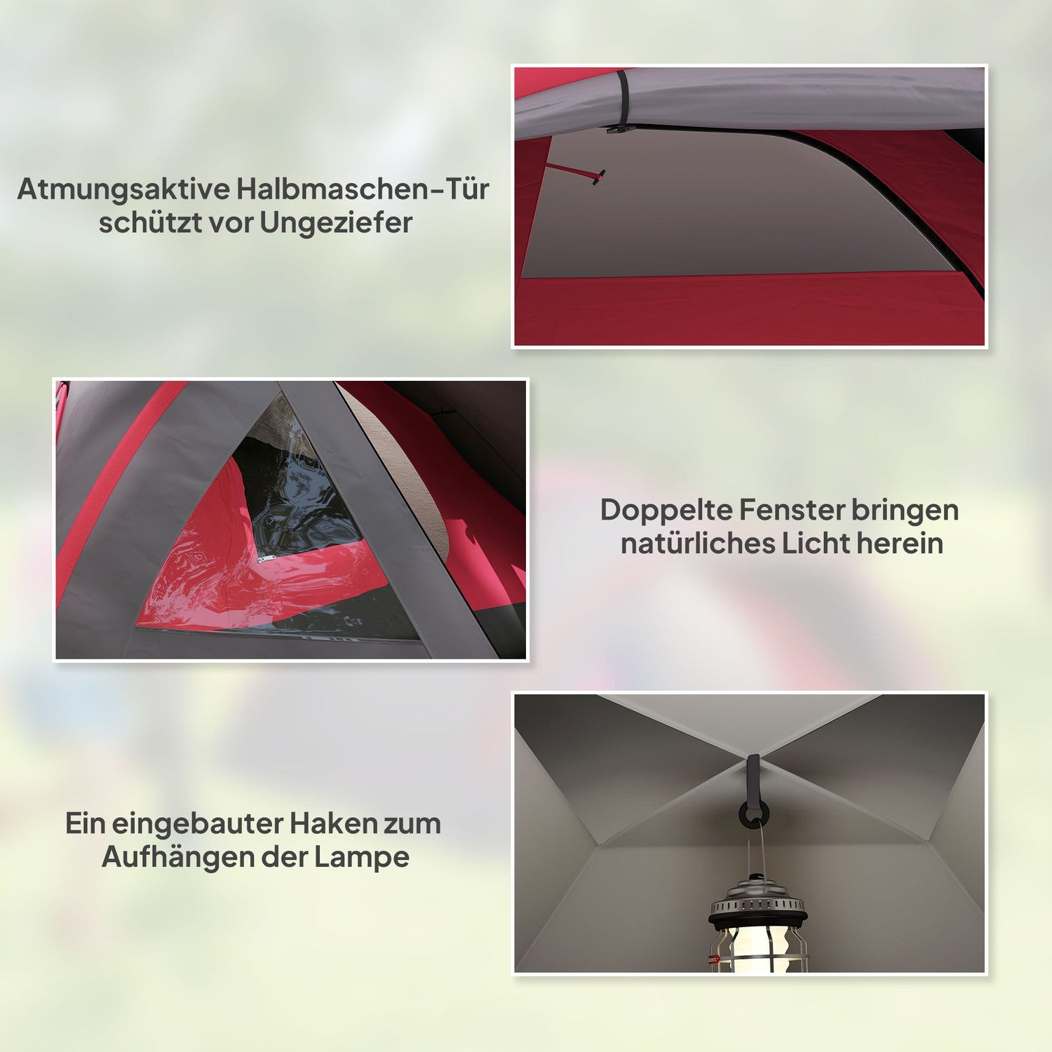 Campingtält för 3 personer, lätt, stabilt, vattentätt, UV 50+, med kapell, dörr, fönster, markduk, grå