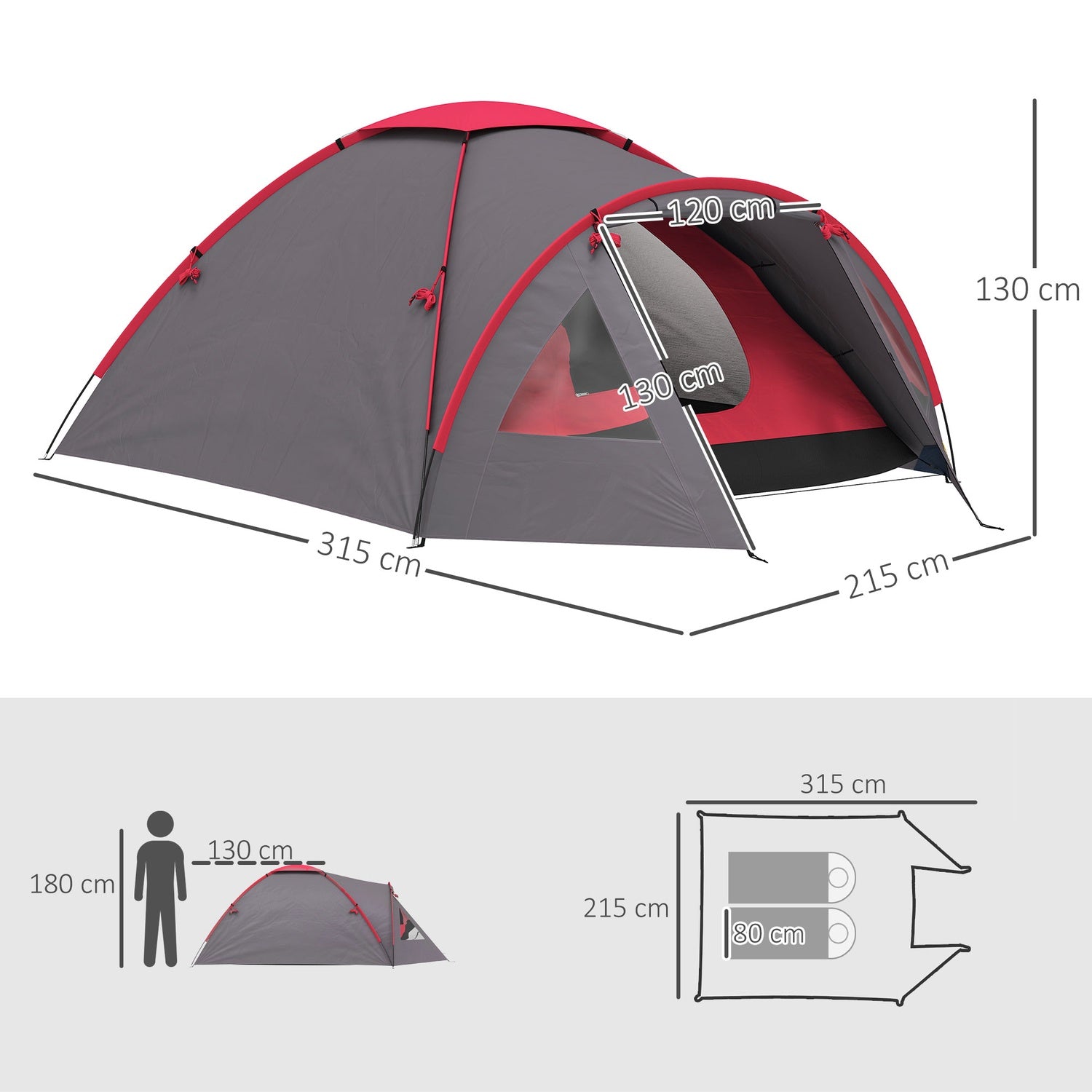 Campingtält för 3 personer, lätt, stabilt, vattentätt, UV 50+, med kapell, dörr, fönster, markduk, grå
