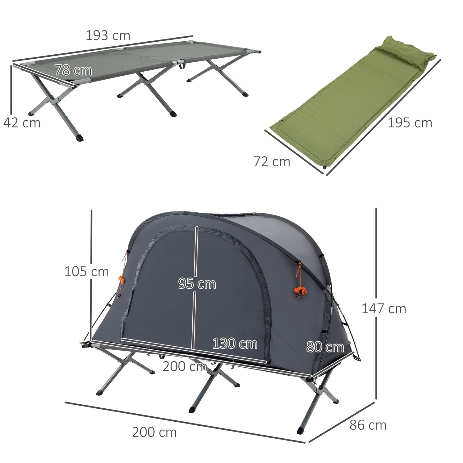 Campingtältsäng med luftmadrass Grå 200 x 86 x 147 cm