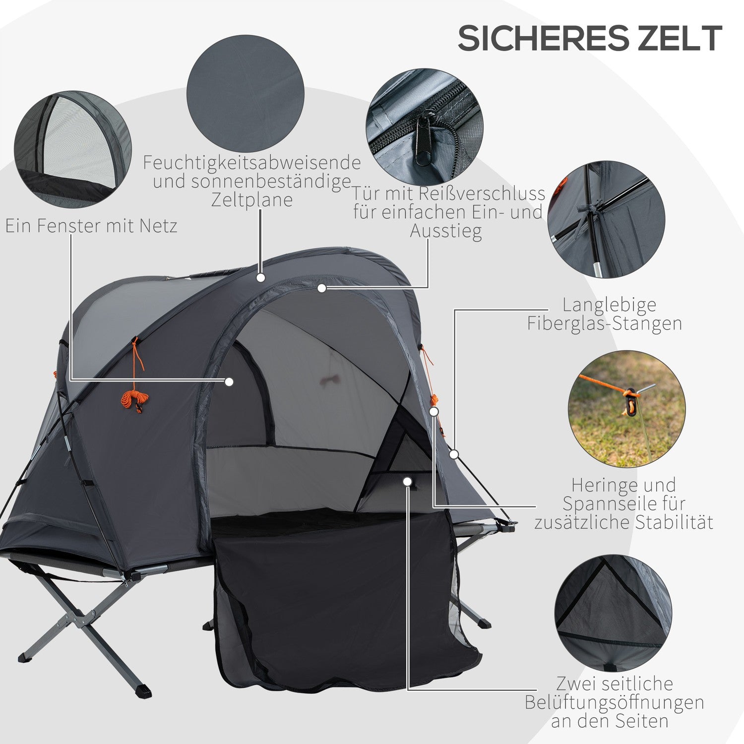 Campingtältsäng med luftmadrass Grå 200 x 86 x 147 cm