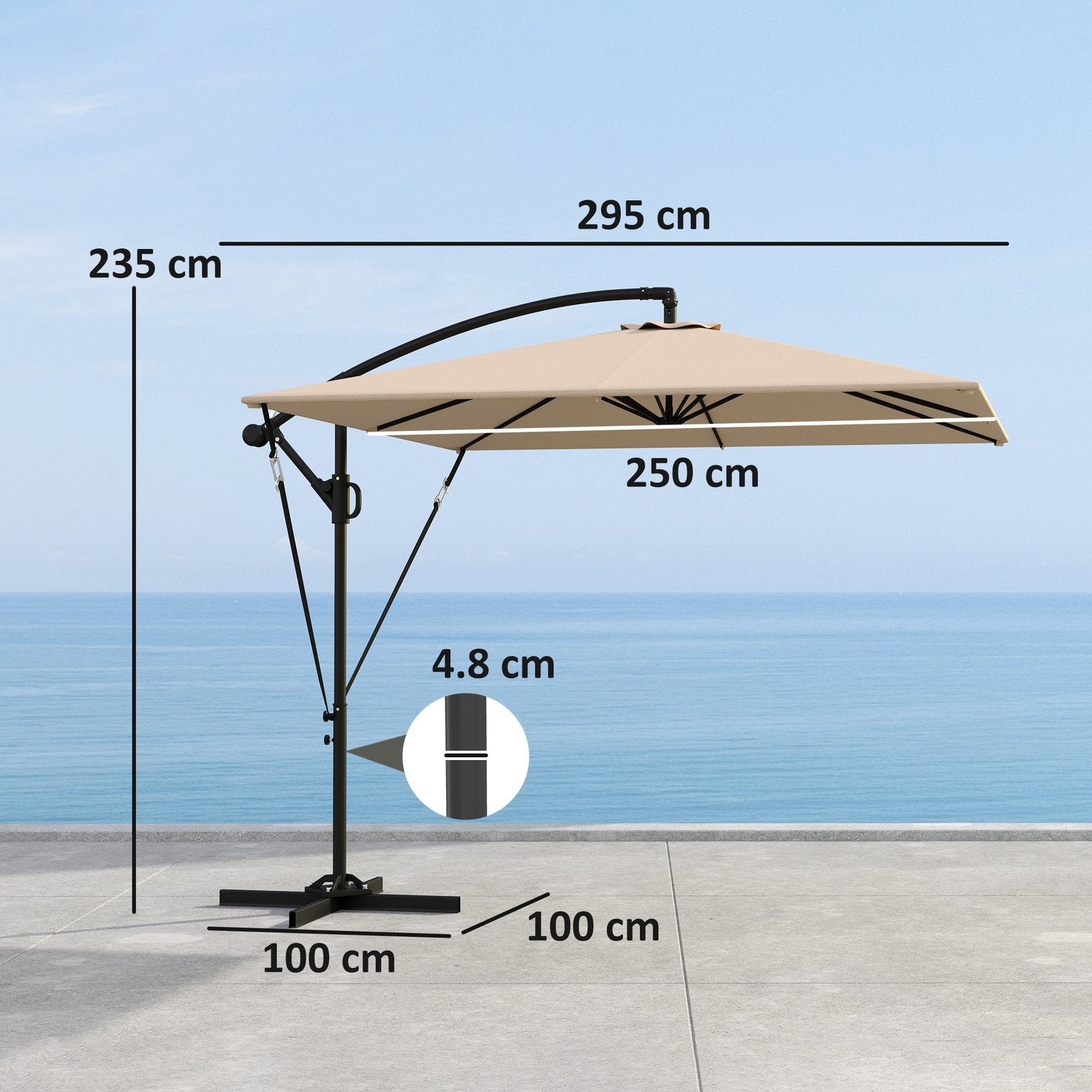 Slunečník s bočním stožárem Ø260 cm, UV 50+, vodoodpudivý, khaki