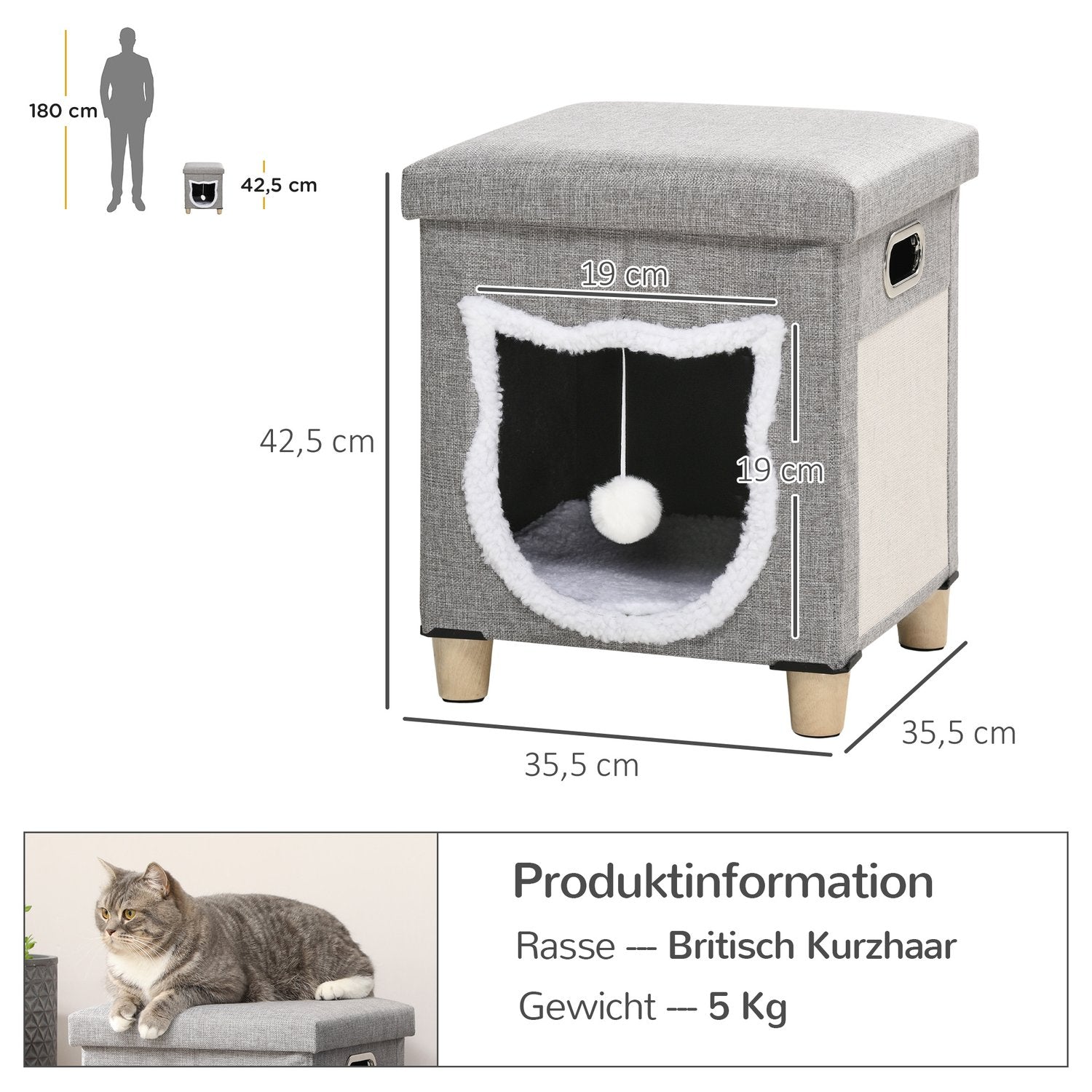 Cat Cave Ottoman med kudde och skrapboll, Anti-Slip Grå