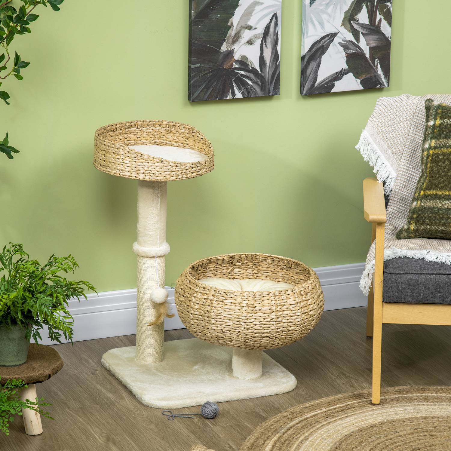 Cat Climbing Tree 72cm med sängar & lekboll, Beige/Cream