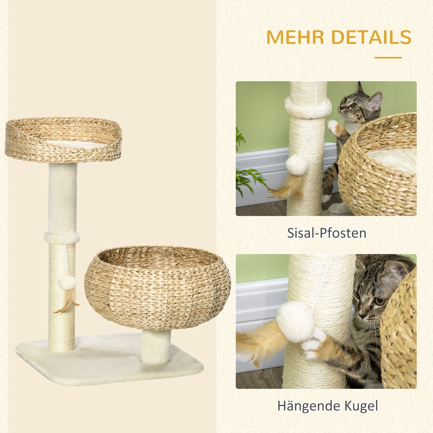 Cat Climbing Tree 72cm med sängar & lekboll, Beige/Cream