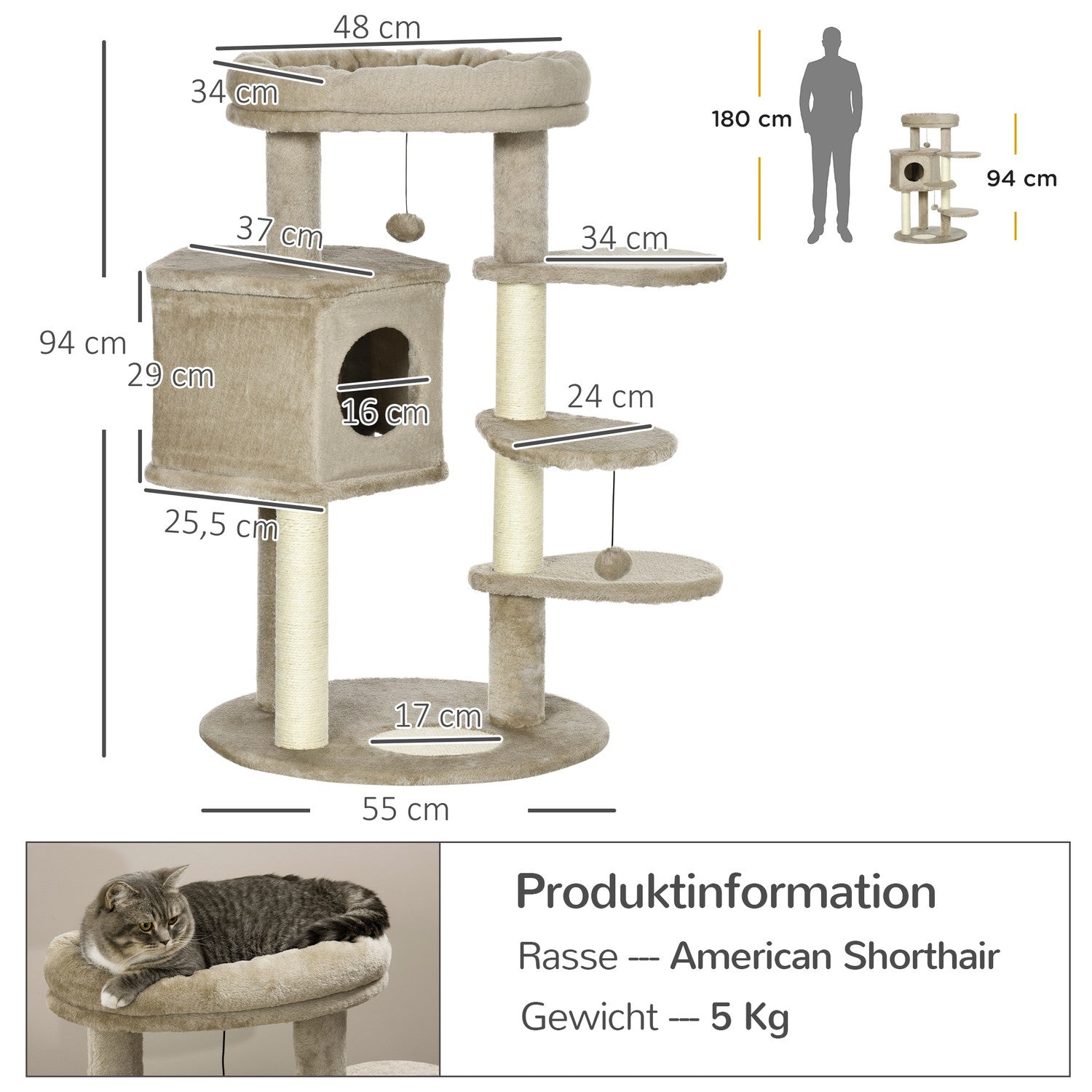 Cat Climbing Tree med Cave & Play Ball, Brown & Cream