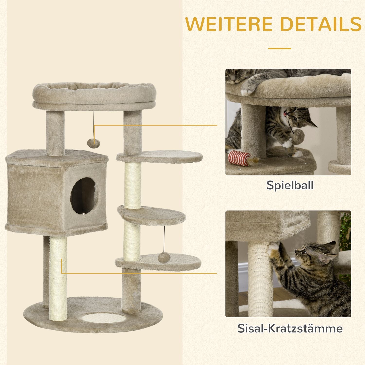 Cat Climbing Tree med Cave & Play Ball, Brown & Cream