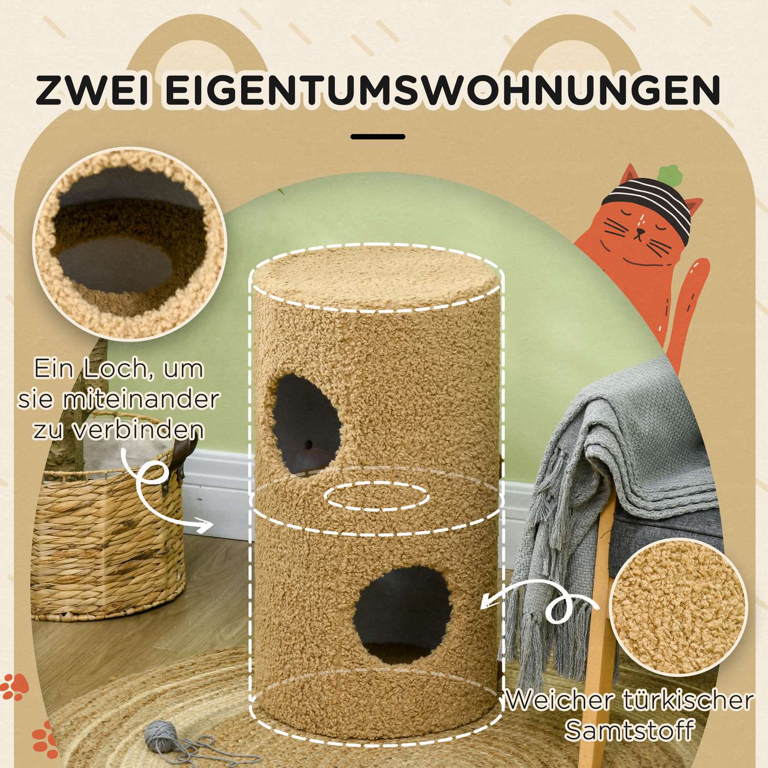 Cat Scratching Tower med grottor och bräda, ljusbrun, 66cm