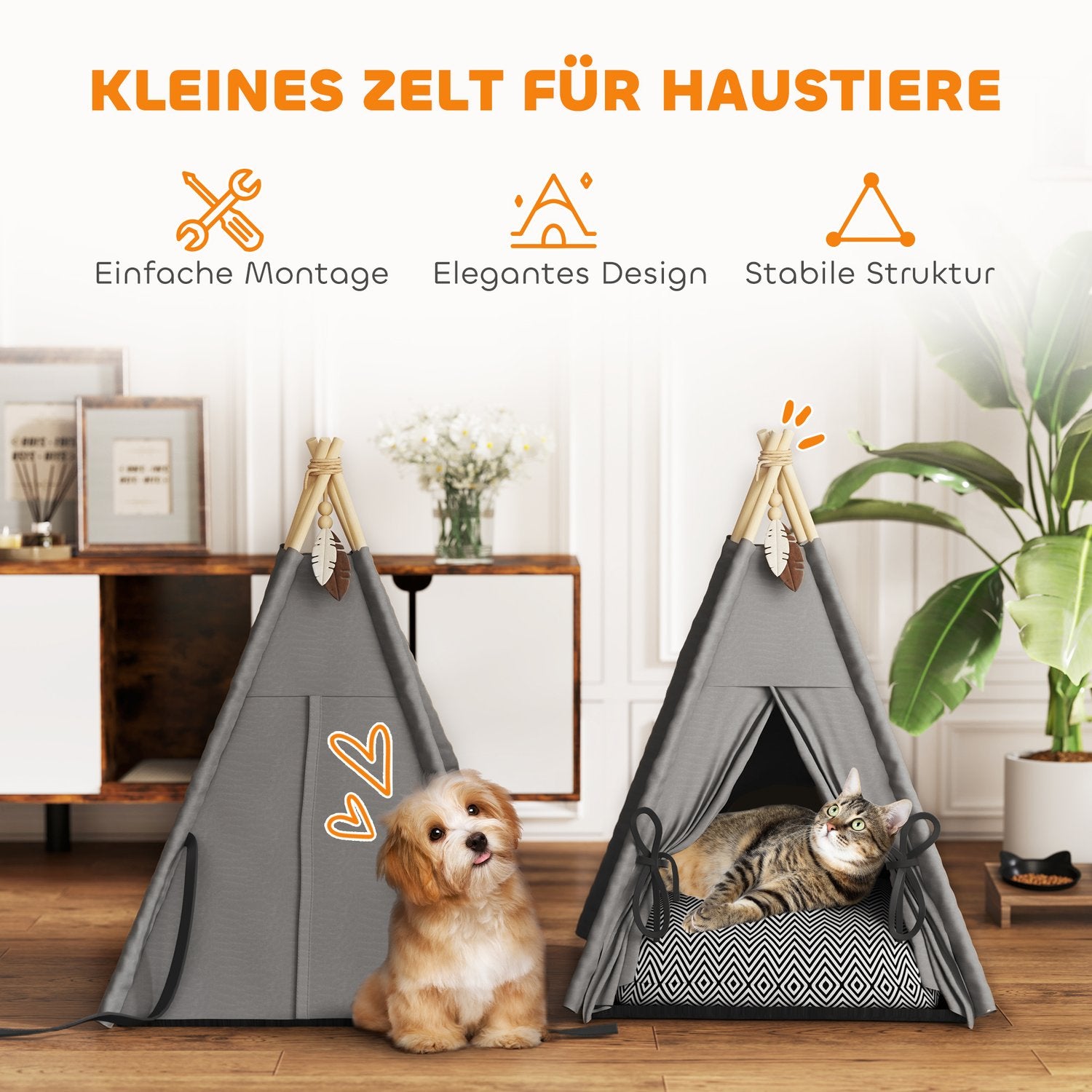 Cat Tipi-tält, tvättbara kuddar, grå, husdjur under 5 kg