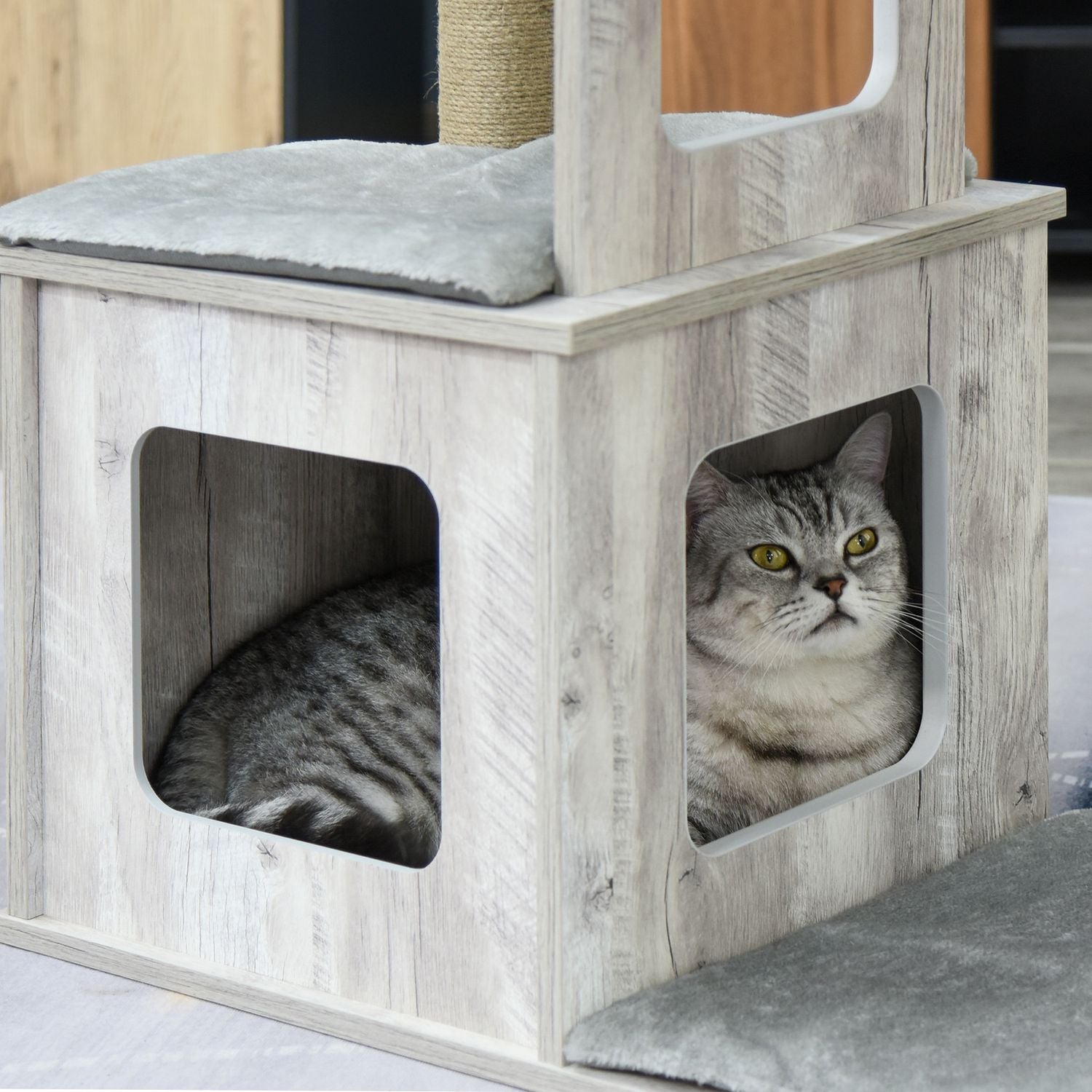 Cat Tree Activity Center – Grå juteplysch, 67x38,5x114 cm