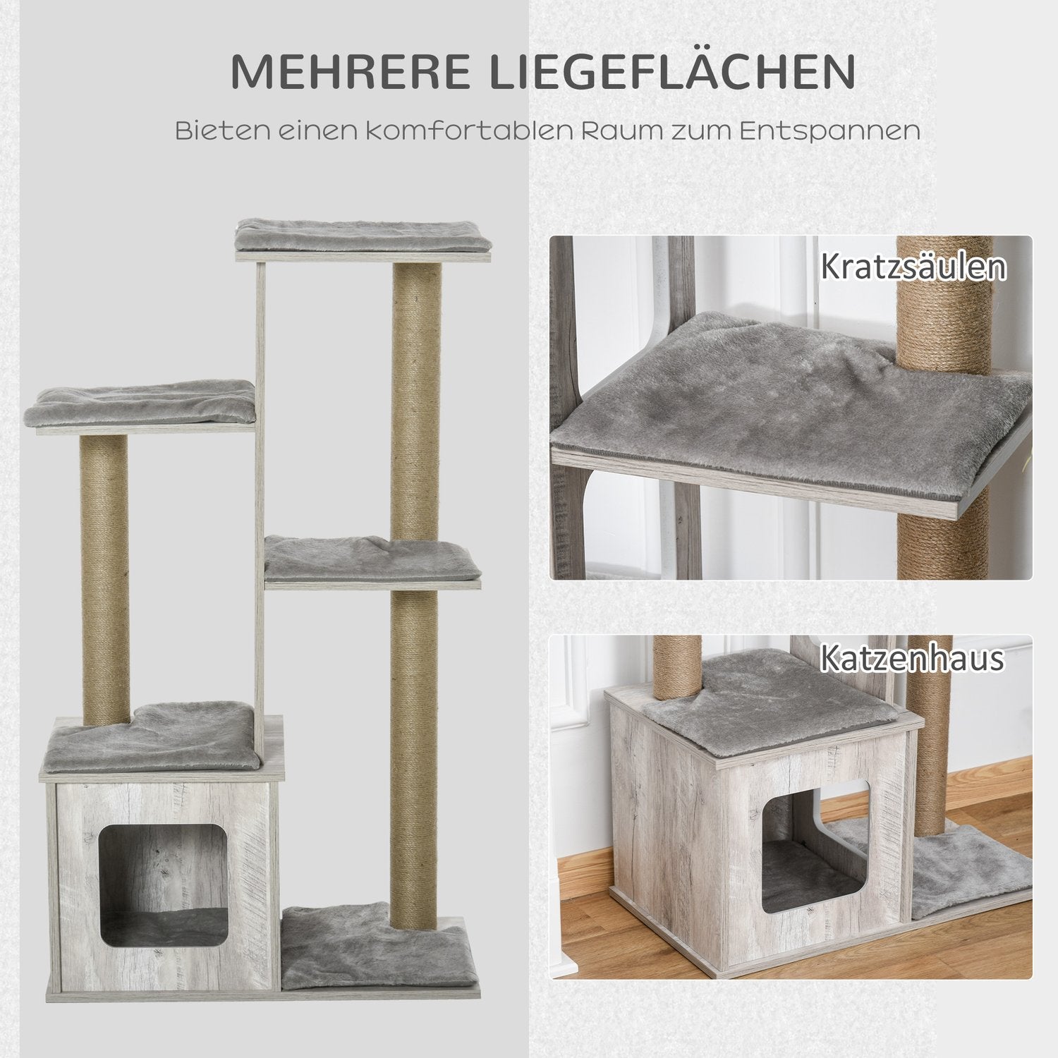 Cat Tree Activity Center – Grå juteplysch, 67x38,5x114 cm