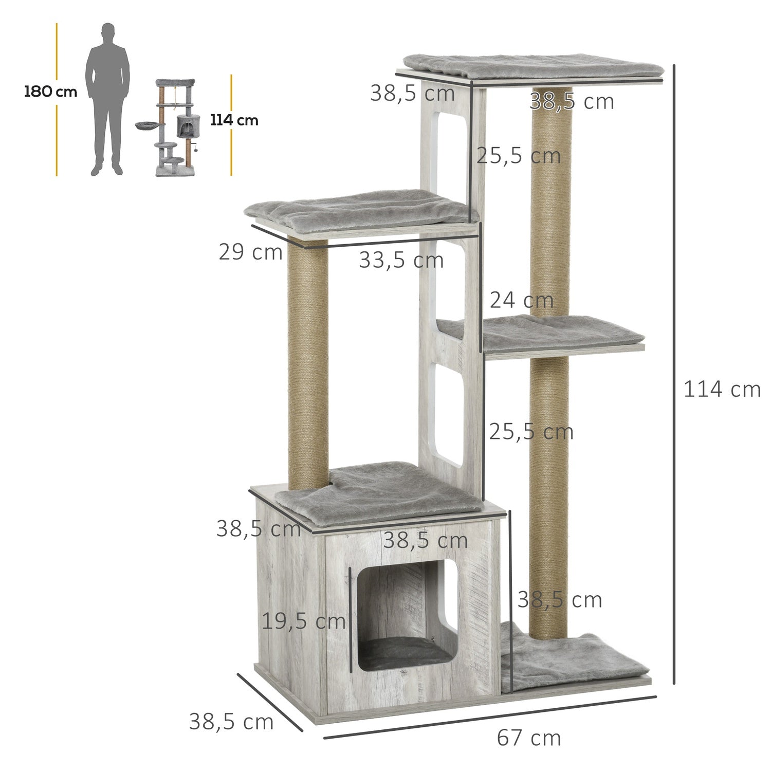 Cat Tree Activity Center – Grå juteplysch, 67x38,5x114 cm