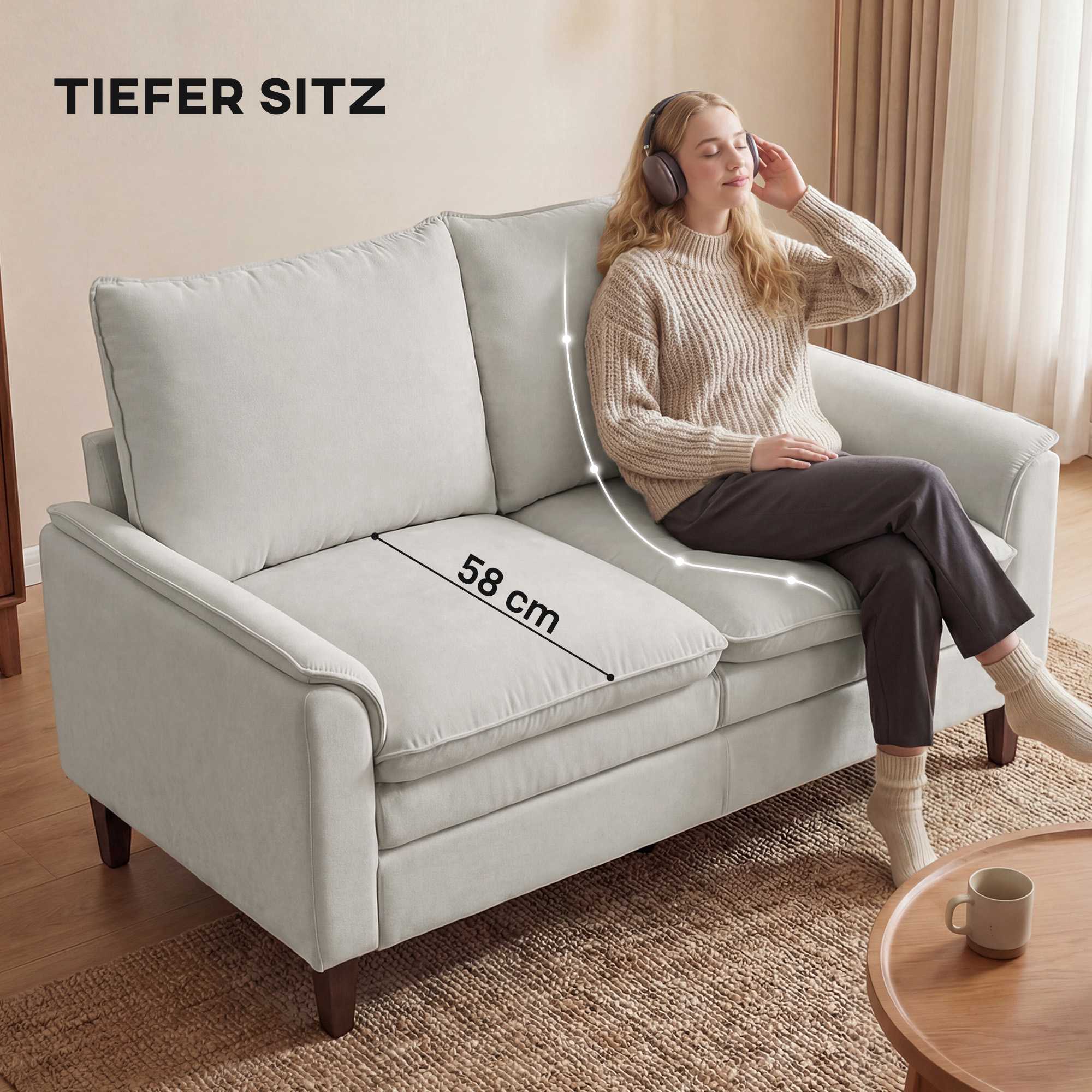 Chenille-soffa med två setar, krämfärgad, 24 cm dyna, hög rygg
