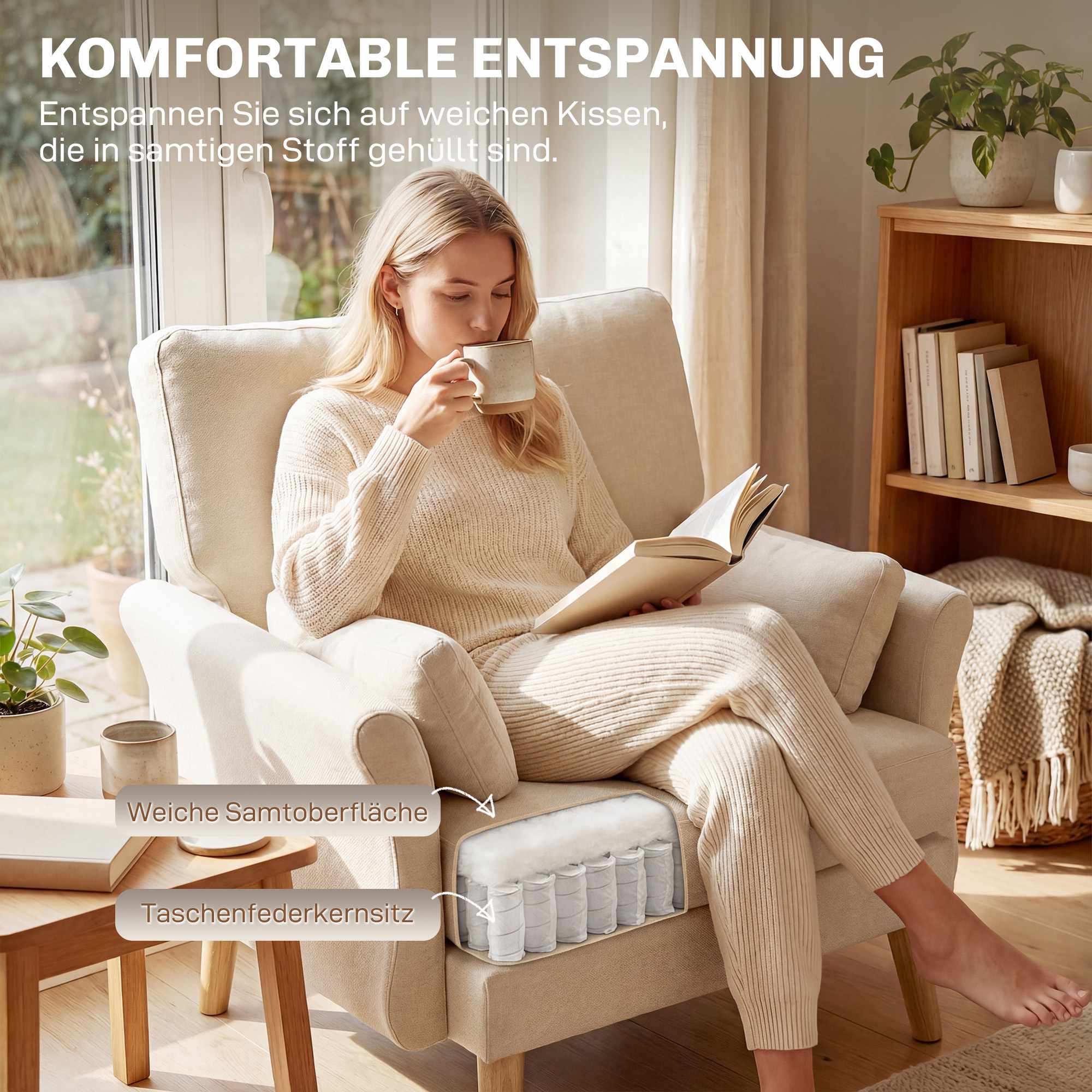 Cremefärgad sammetsfåtölj, 83 cm sits, inkluderar 2 kuddar