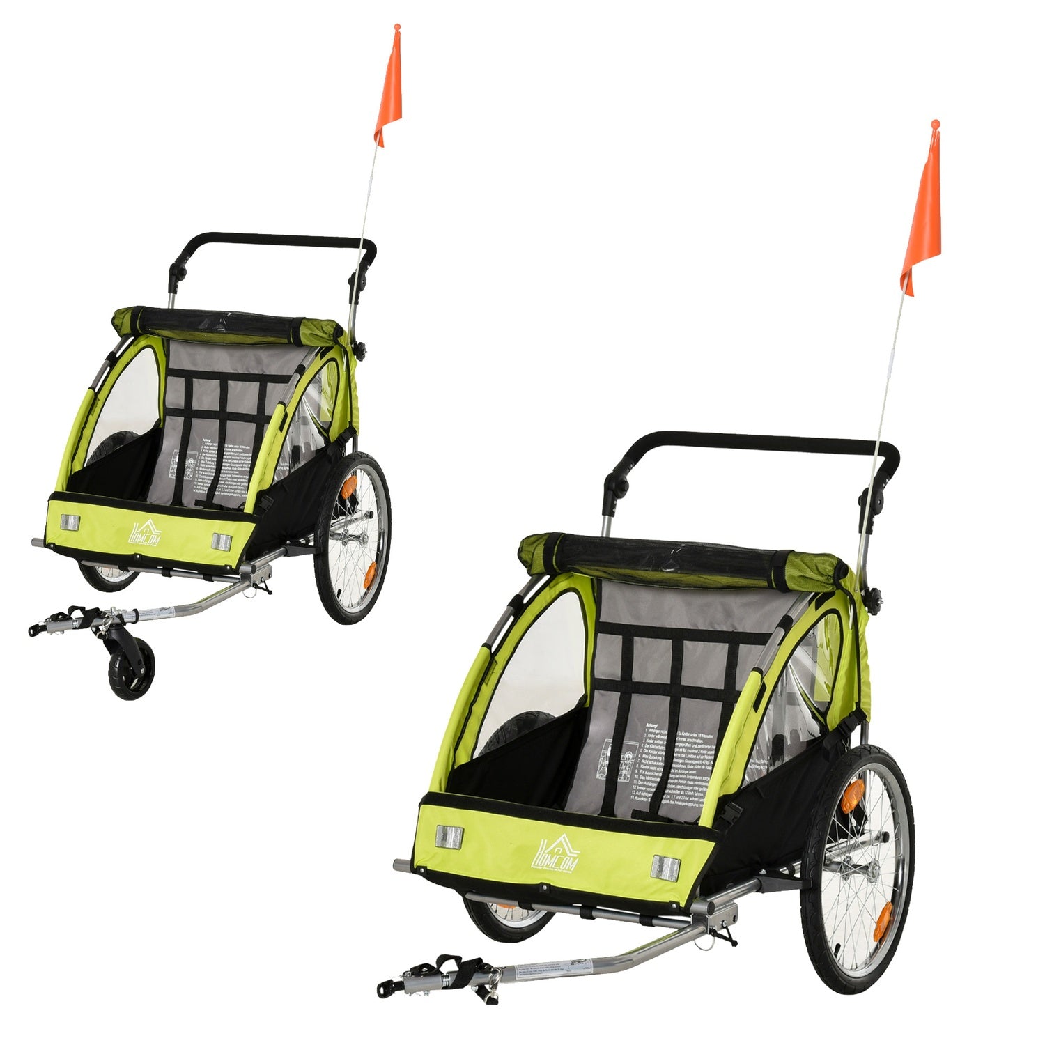 Cykelvagn Barnvagn Jogger, 360° Roterande, Grön/Svart