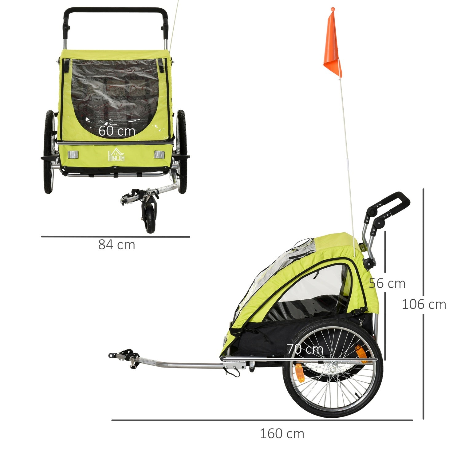 Cykelvagn Barnvagn Jogger, 360° Roterande, Grön/Svart