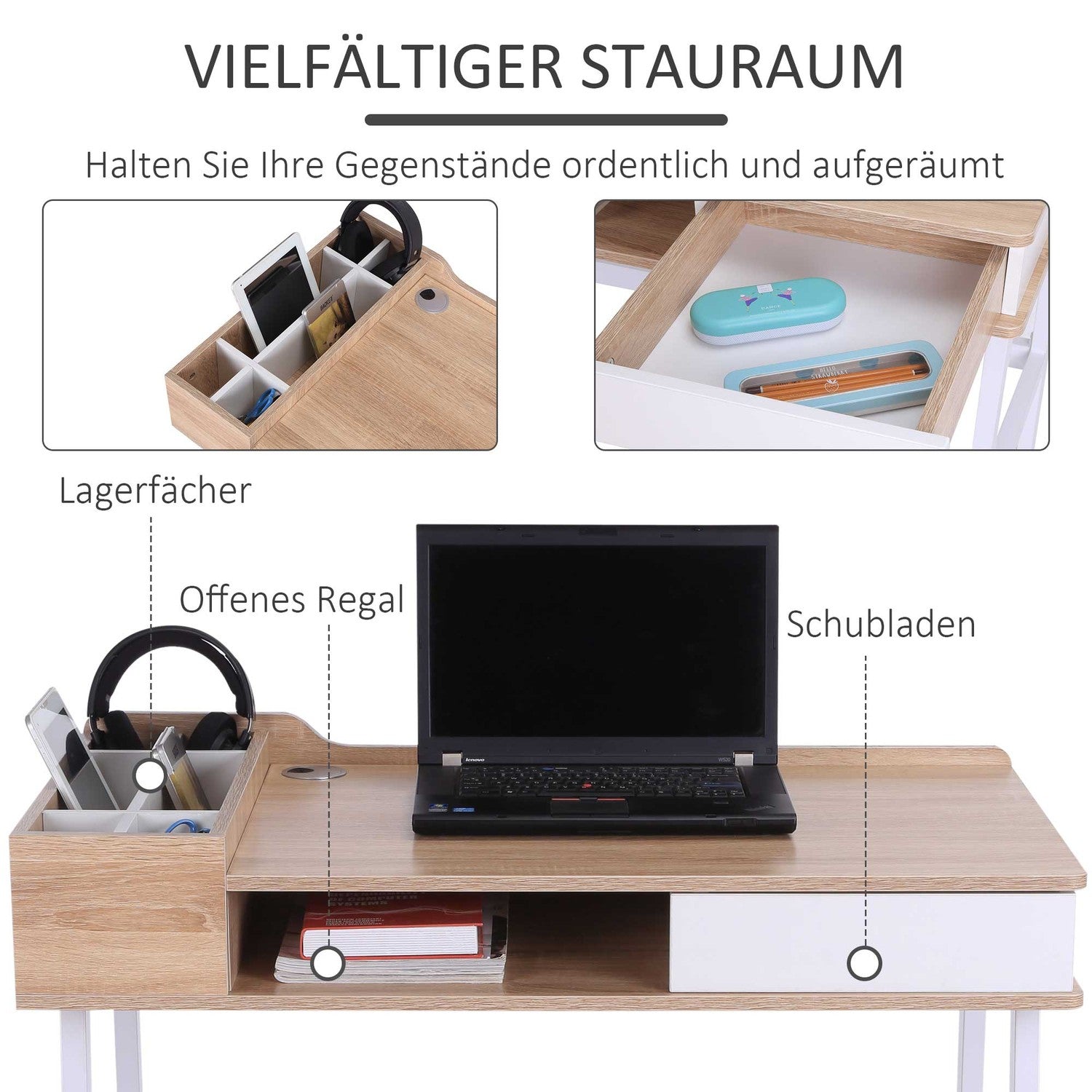 Datorbord med bred topp och förvaringsfack
