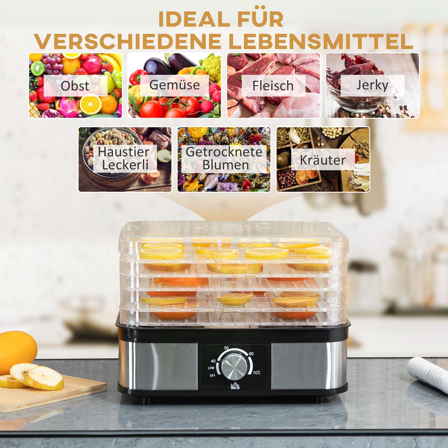 Dehydrator med timer & temperaturkontroll, 5 nivåer, rostfritt stål