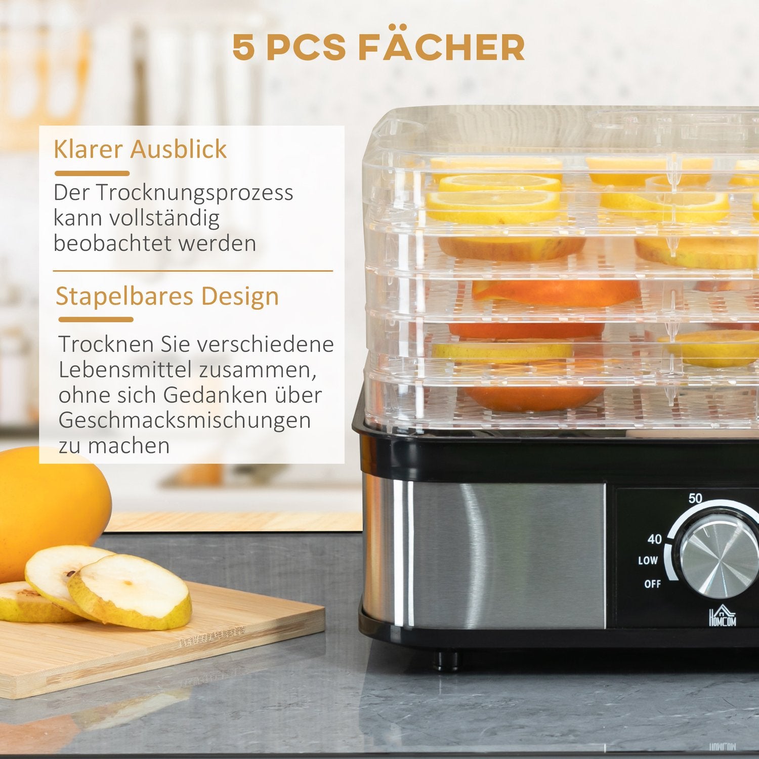 Dehydrator med timer & temperaturkontroll, 5 nivåer, rostfritt stål