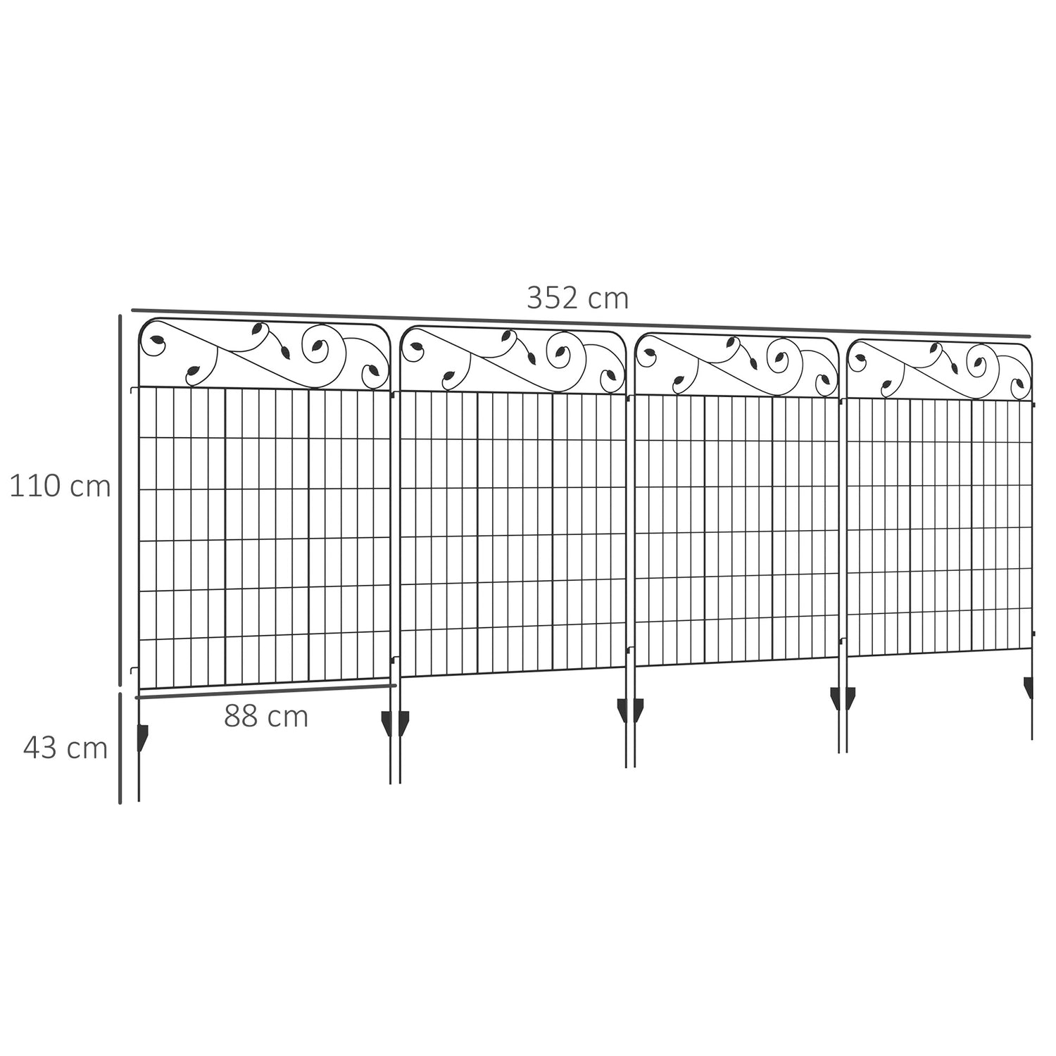 Dekorativní černý kovový zahradní plot, 3,52 x 1,1 m, sada 4 kusů