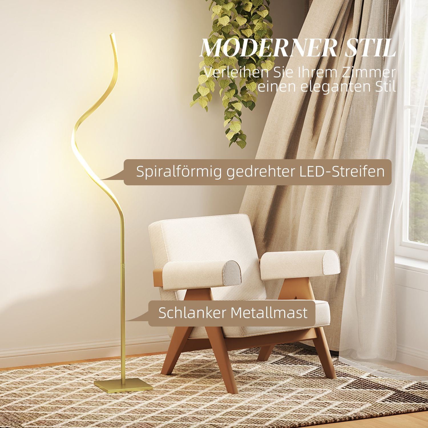Stmívatelná LED stojací lampa se spirálovým designem, 3 barvy světla, zlatá