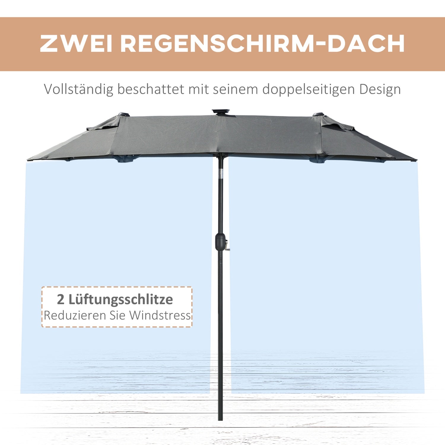 Dvojitý zahradní slunečník, 295x219cm, odolný proti větru s LED osvětlením a naklápěním