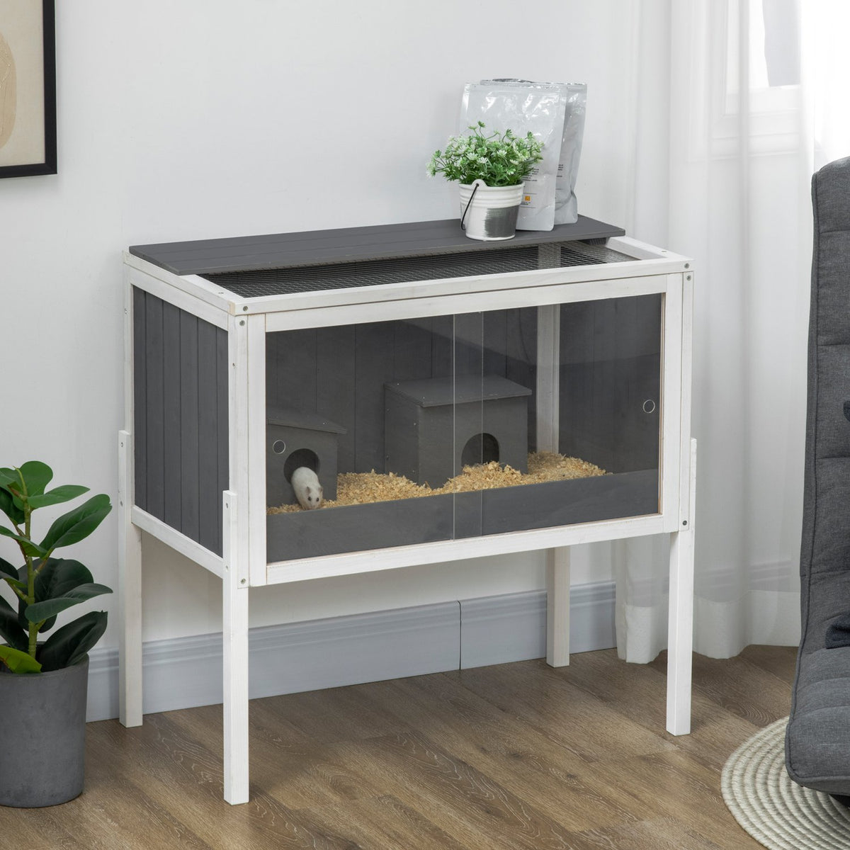 Dřevěná klec pro křečka džungarského s budkami a příslušenstvím, 82cm
