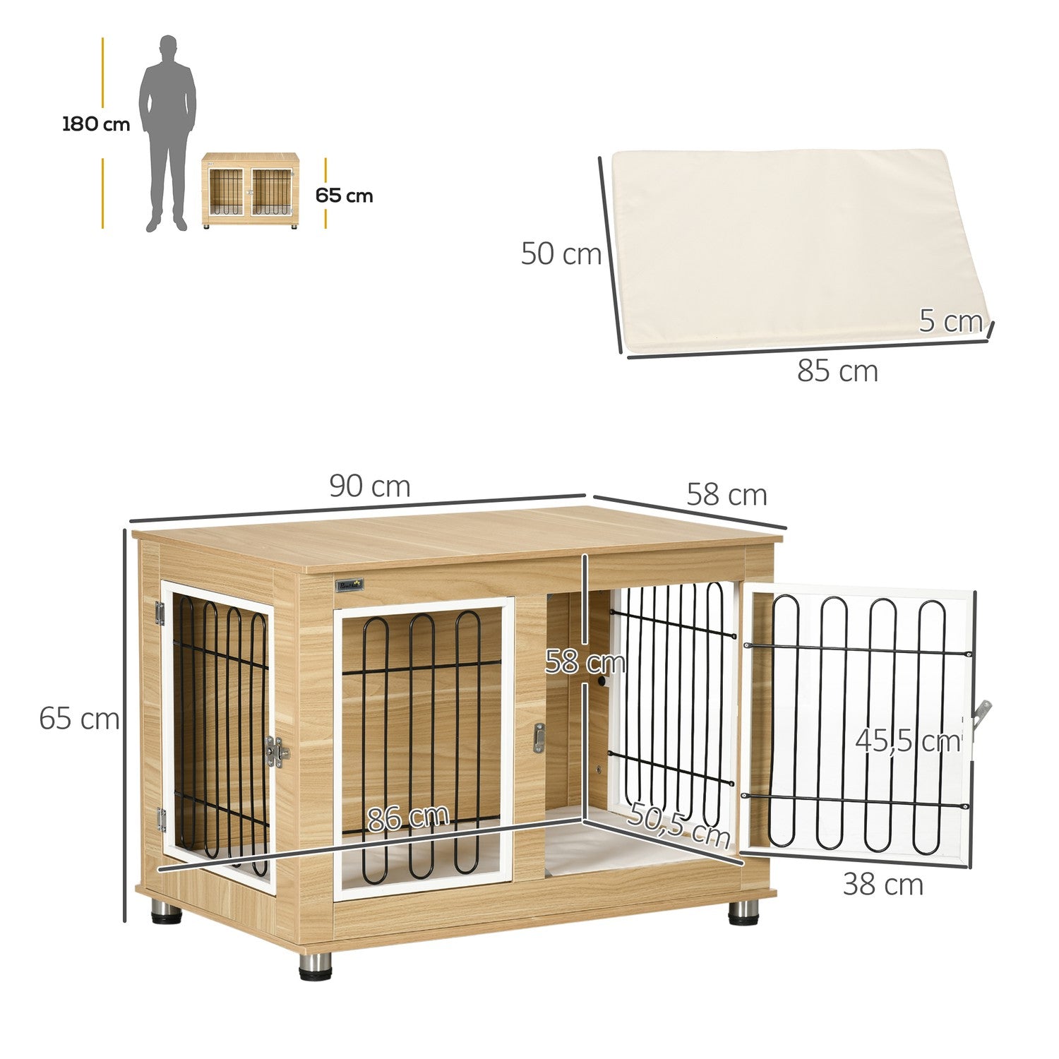 Ek Dog Cage bordsskiva, dubbla dörrar & kudde