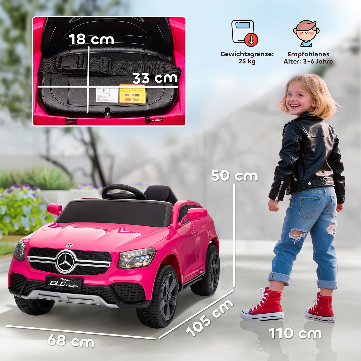 Elbil för barn, 12V, Fjärrkontroll, LED, Musik, Rosa