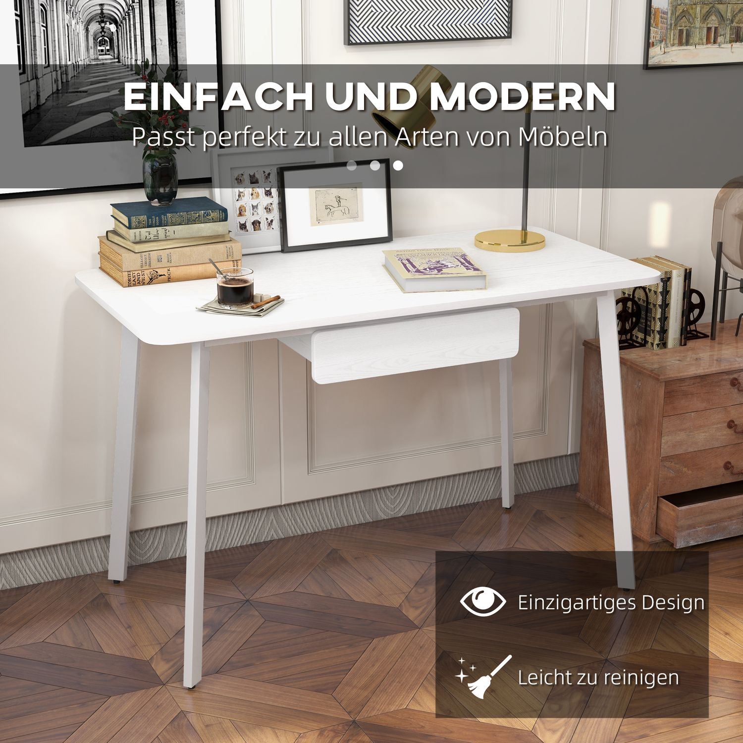 Elegant vitt kontorsbord med lådor, MDF & stål, 120x60x76 cm
