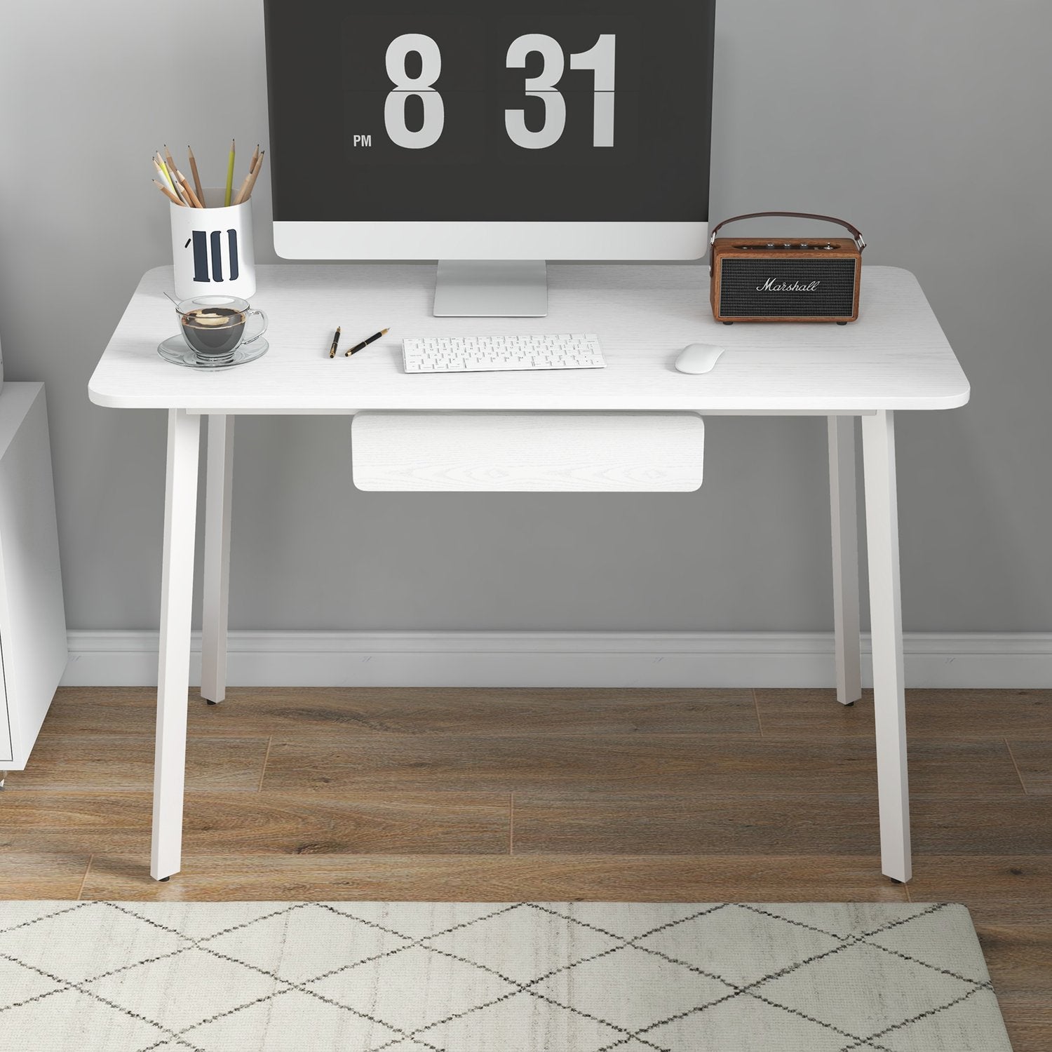 Elegant vitt kontorsbord med lådor, MDF & stål, 120x60x76 cm