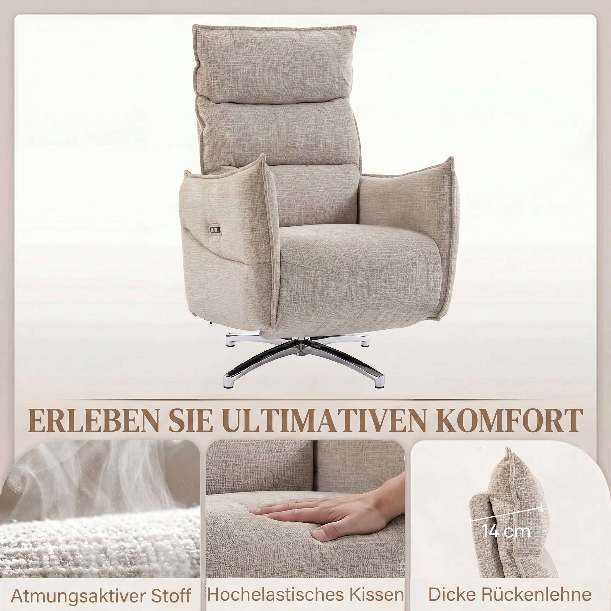 Elektrisk fåtölj med USB-portar, beige linnetyg