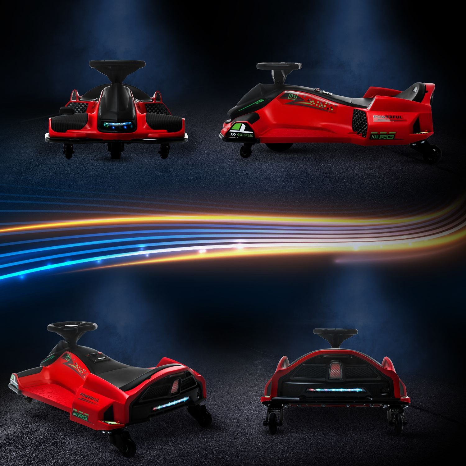 Elektrisk gokart för barn, gummihjul, 3-8 km/h, med ljus och musikfunktion, röd