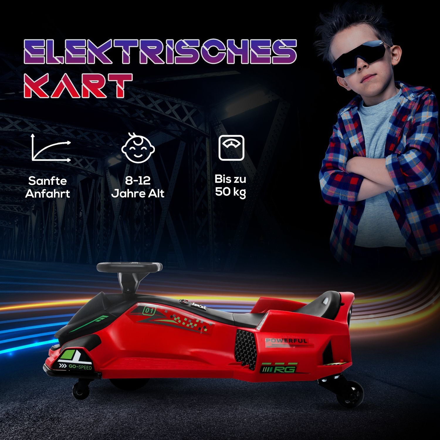 Elektrisk gokart för barn, gummihjul, 3-8 km/h, med ljus och musikfunktion, röd