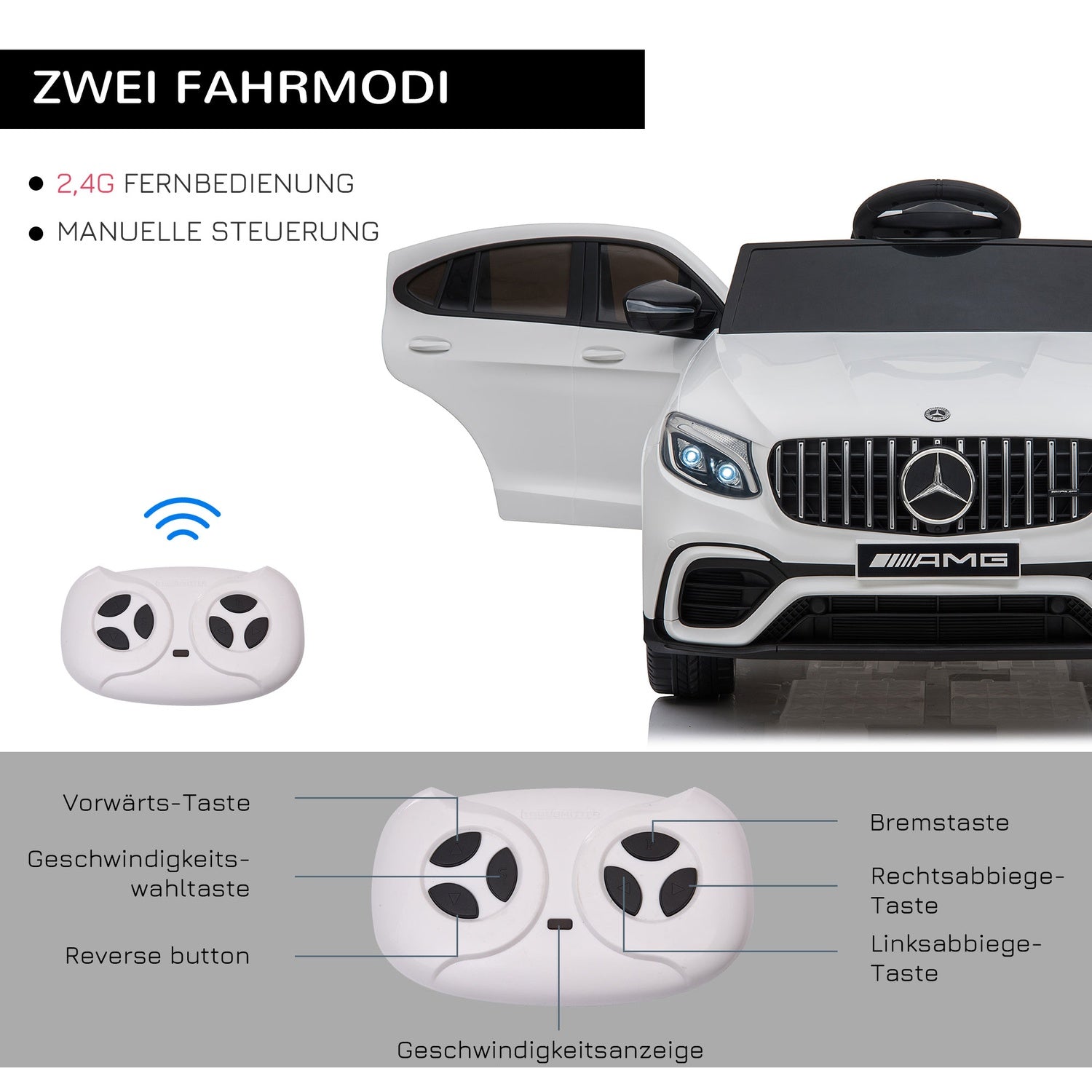Elektrisk åkande bil med fjärrkontroll, MP3, säkerhetsbälte, vit