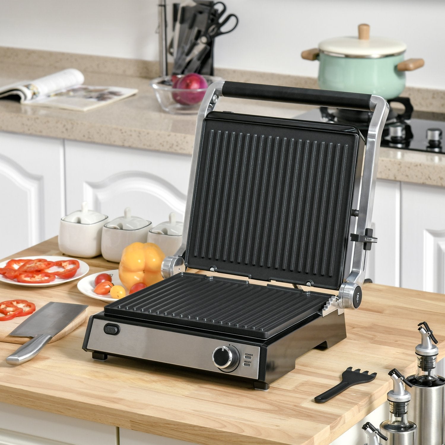 Elektrisk kontaktgrill, 2000W, ställbar termostat, hopfällbar