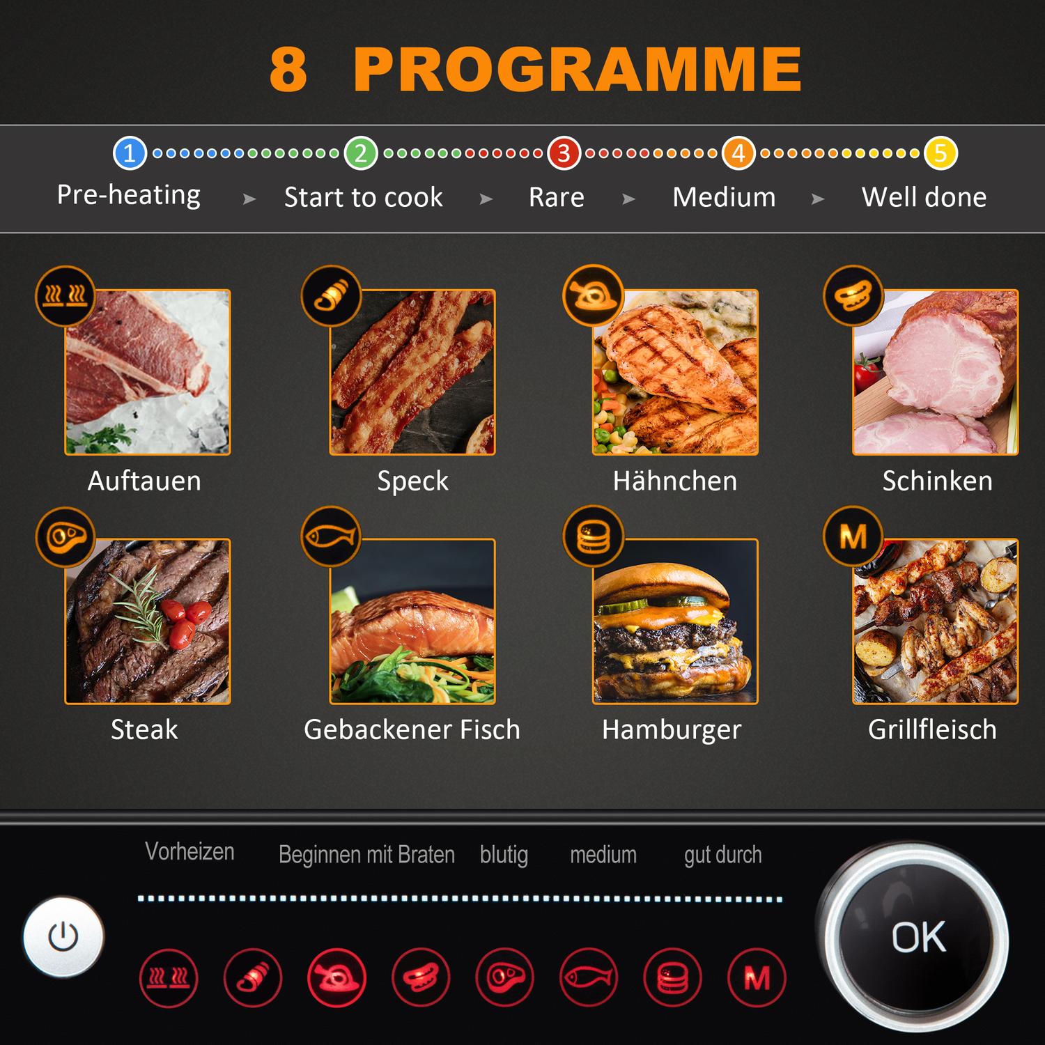 Elektrisk kontaktgrill, 2100W, hopfällbar, 8 tillagningslägen