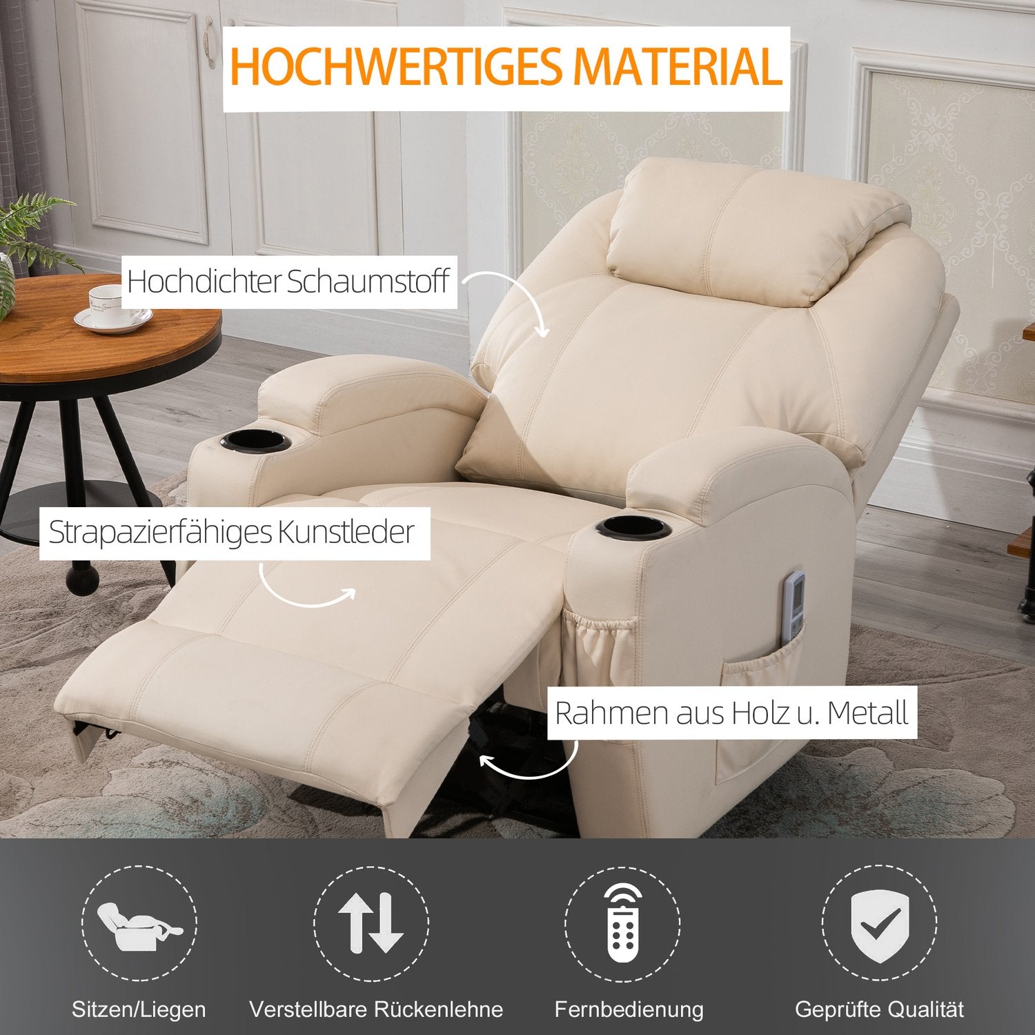 Elektrisk liggande massagestol, konstläder, beige