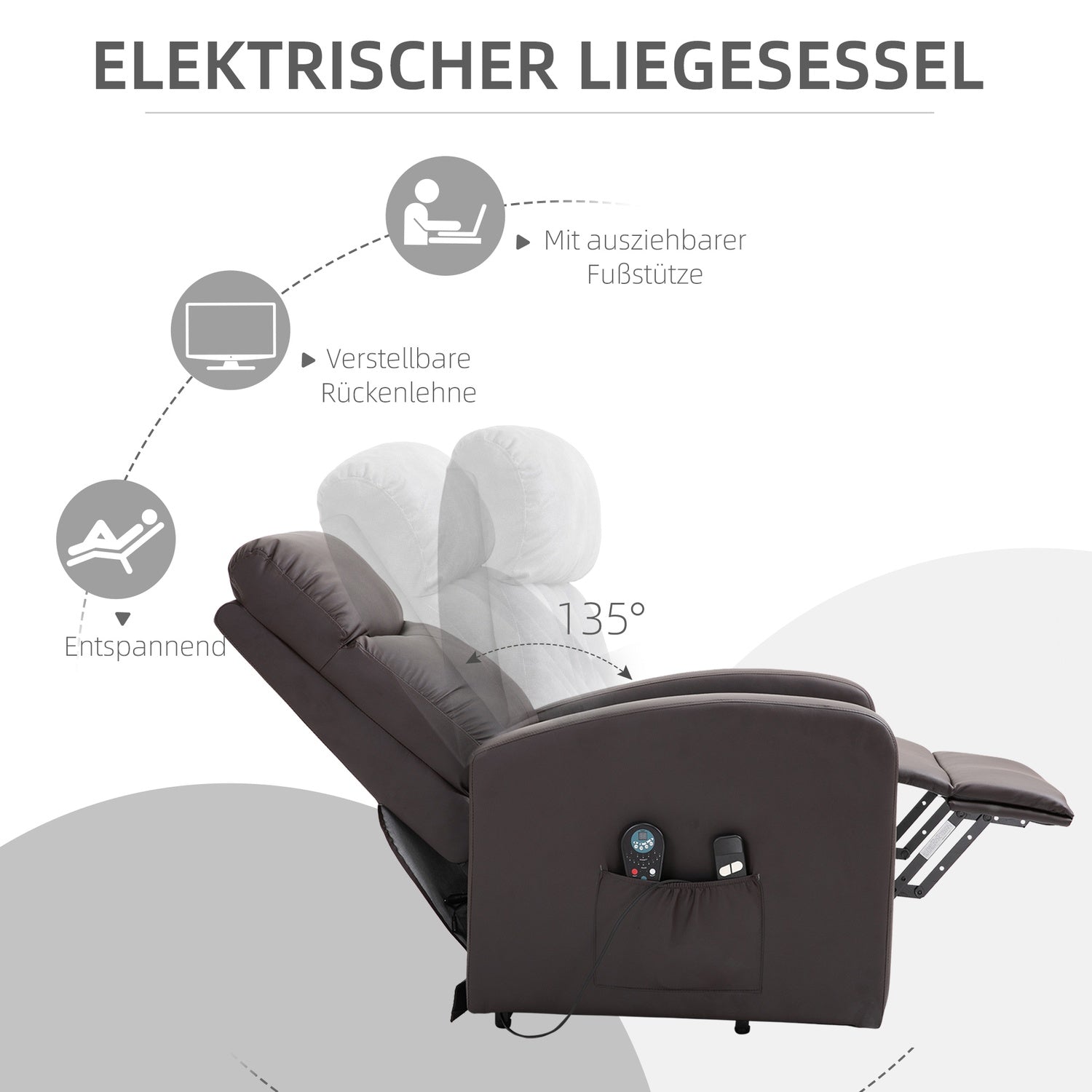 Elektrisk massagefåtölj, ligg med stå-uppstöd, brun